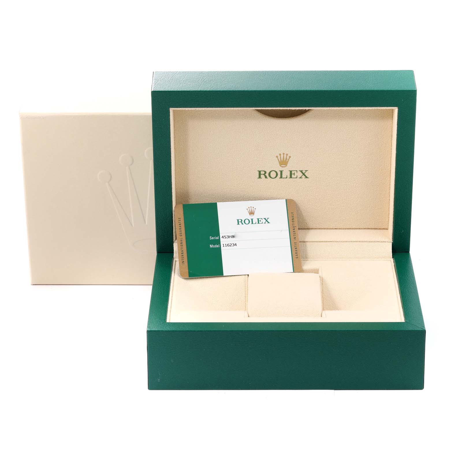 This image shows the open box for a Rolex Datejust 116234 Men's Stainless Steel Blue Dial 116234 Men's Stainless Steel Blue Dial model watch, including the warranty card.