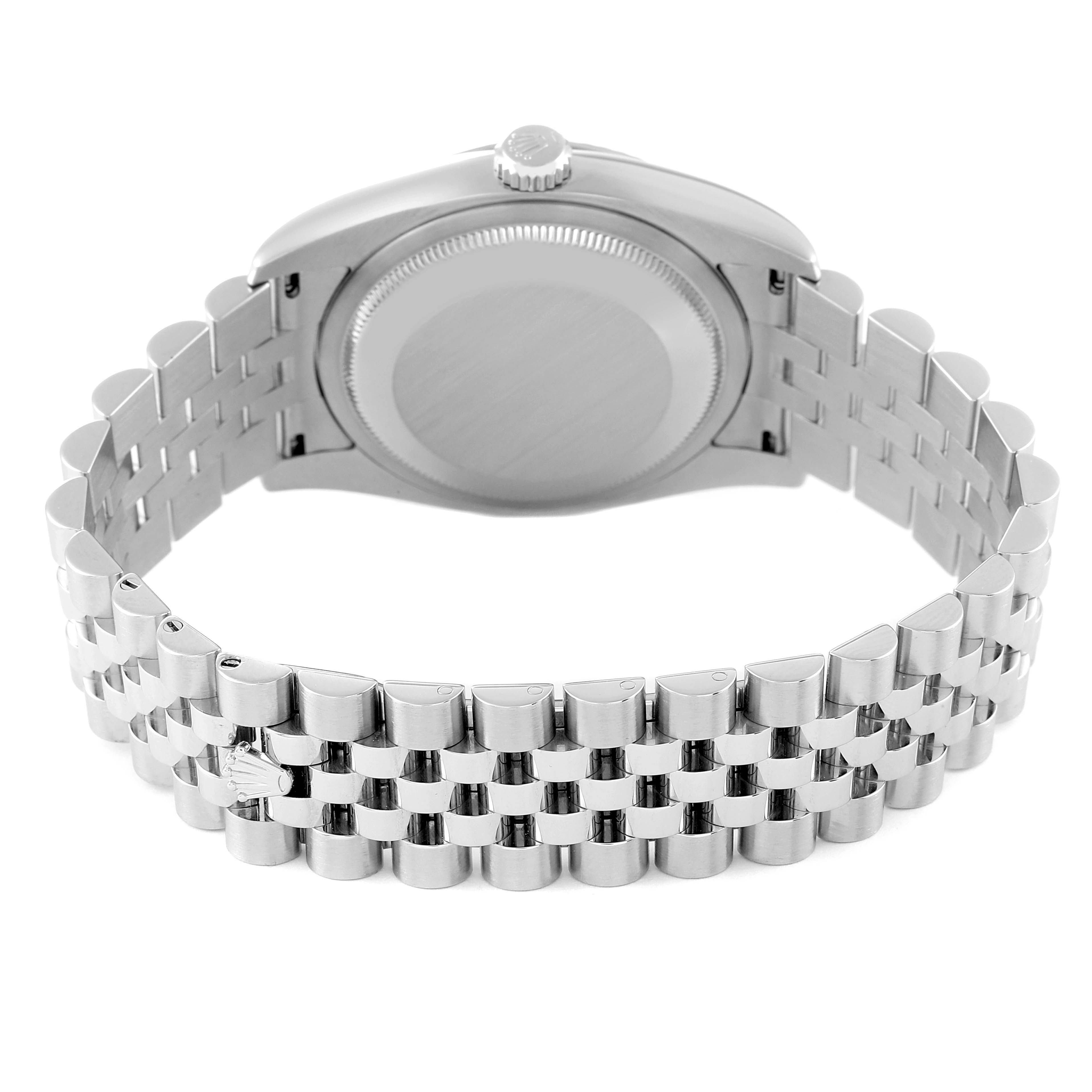 The image shows the back view of a Rolex Datejust 116234 Men's Stainless Steel Blue Dial 116234 Men's Stainless Steel Blue Dial watch, highlighting its case and Jubilee bracelet.