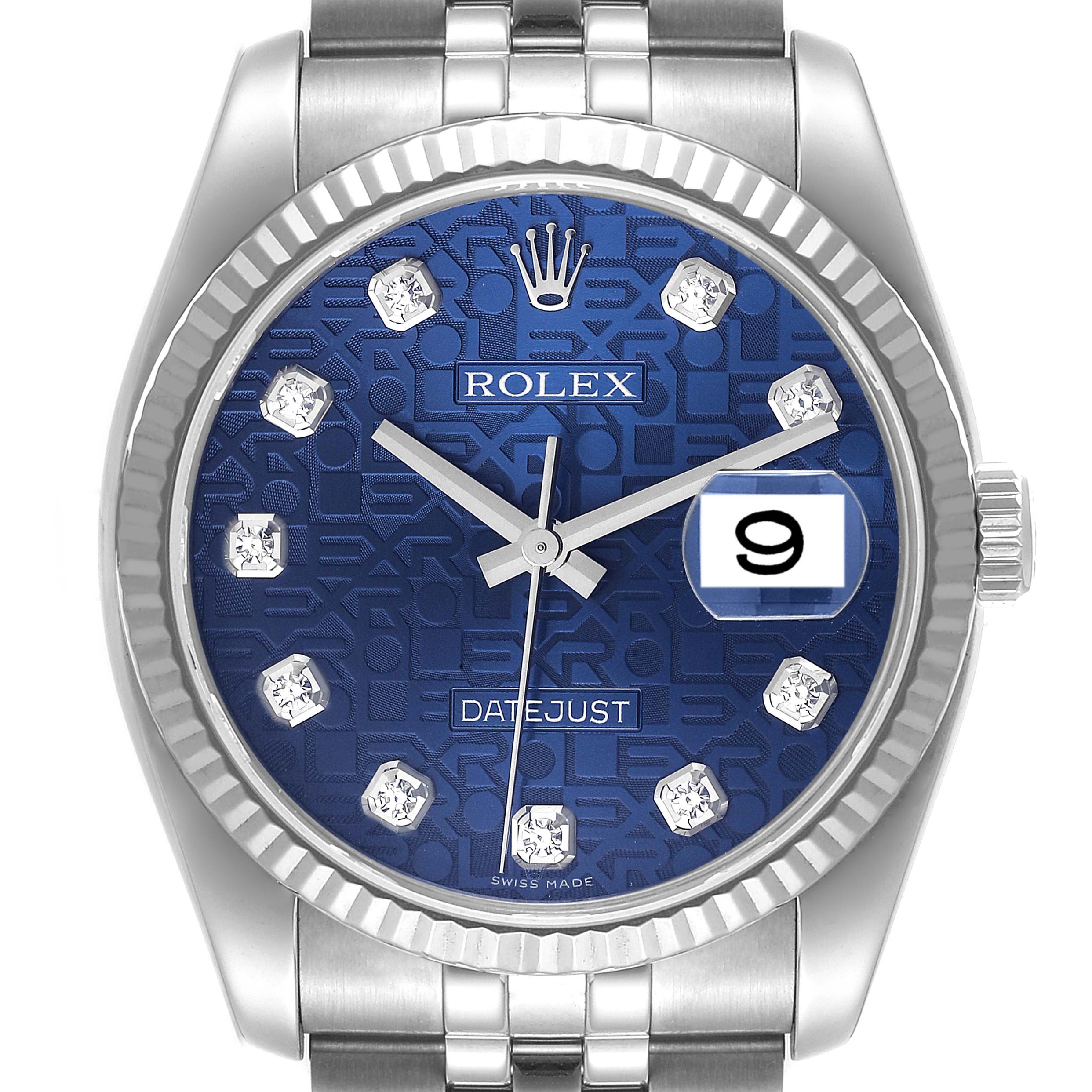 This image shows the front view of a Rolex Datejust 116234 Men's Stainless Steel Blue Dial 116234 Men's Stainless Steel Blue Dial watch, highlighting the dial, hands, date window, and part of the bracelet.