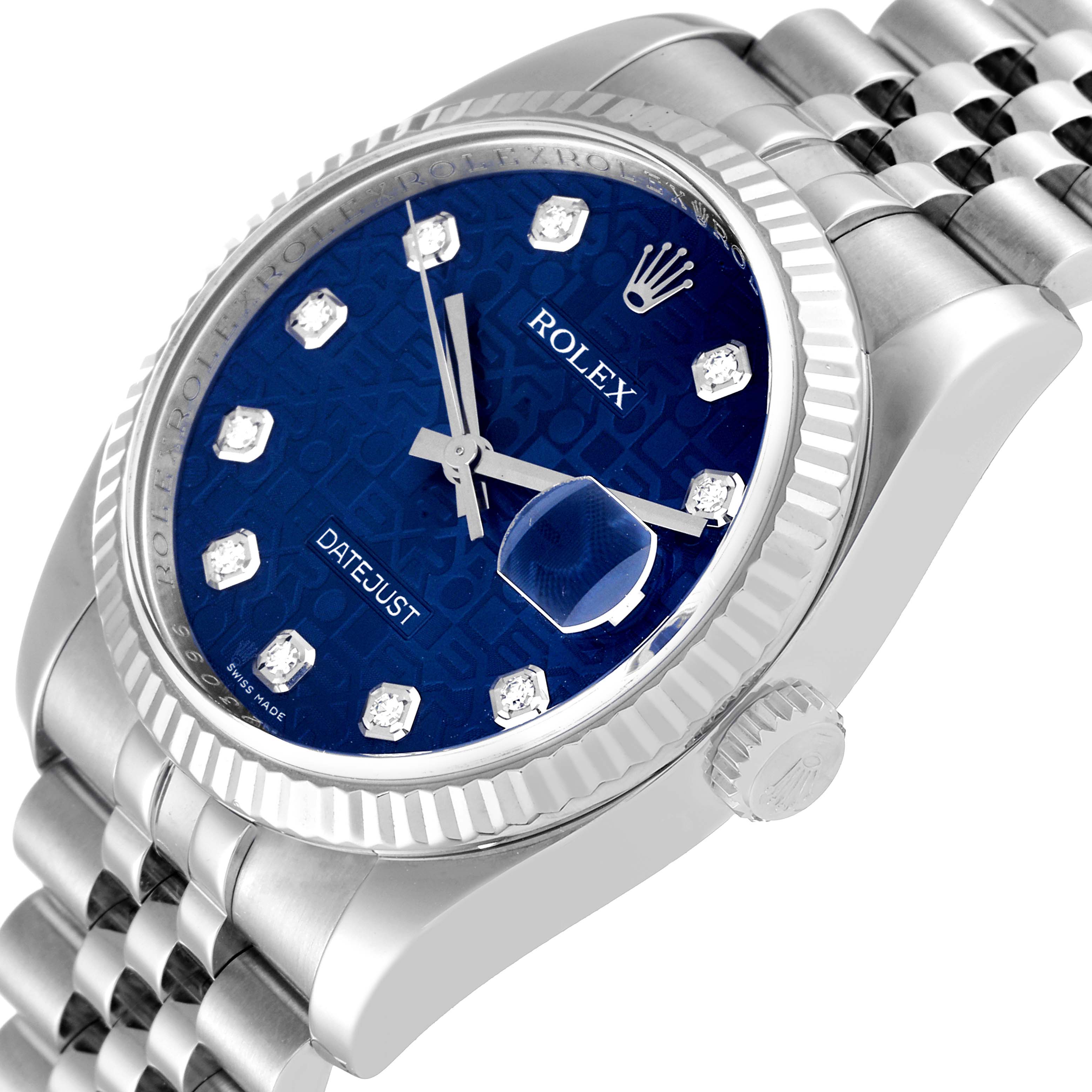 This image shows a side angle of the Rolex Datejust 116234 Men's Stainless Steel Blue Dial 116234 Men's Stainless Steel Blue Dial watch, highlighting its blue dial, diamond hour markers, and fluted bezel.