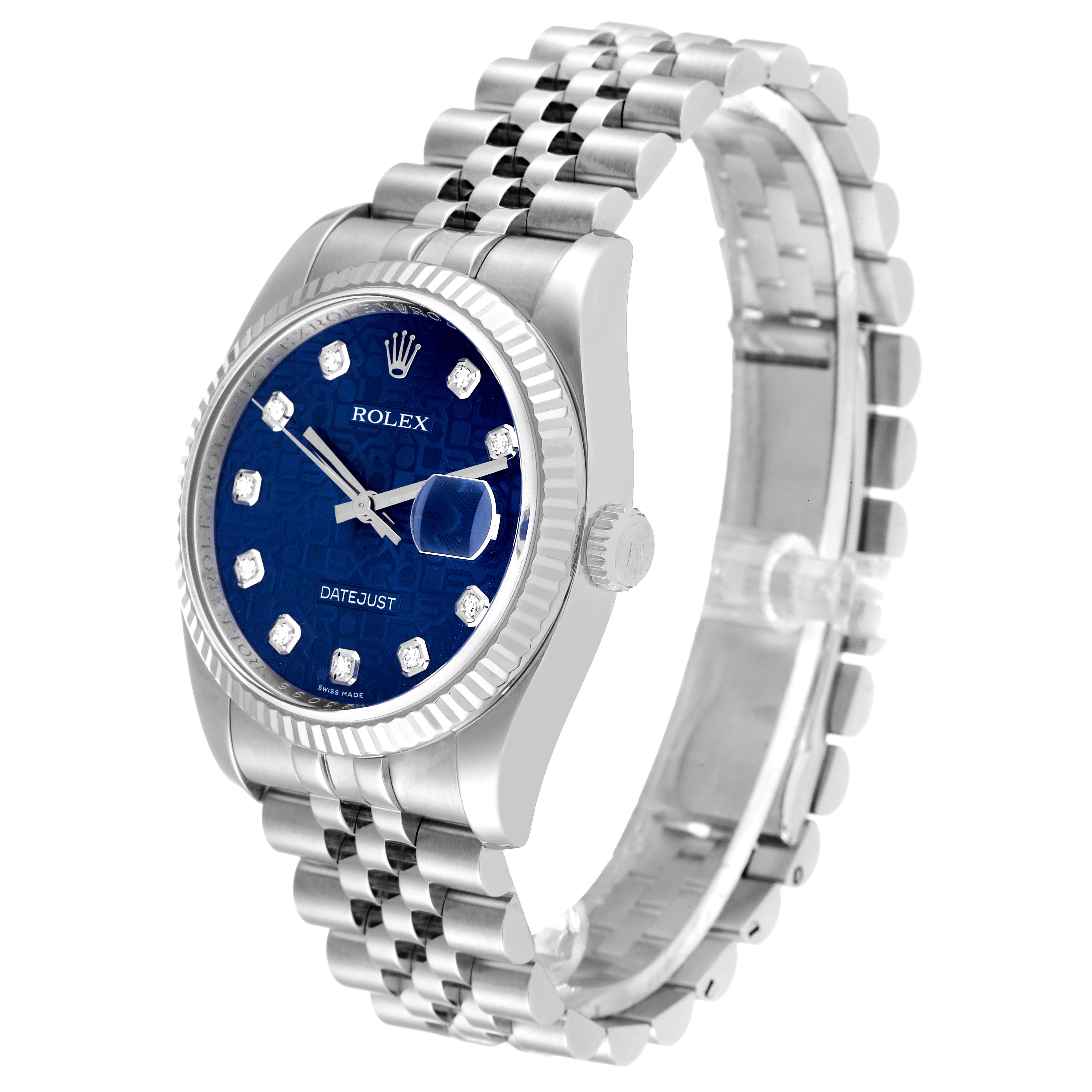 This image shows a Rolex Datejust 116234 Men's Stainless Steel Blue Dial 116234 Men's Stainless Steel Blue Dial watch at a three-quarter angle, highlighting the dial, bezel, crown, and Jubilee bracelet.