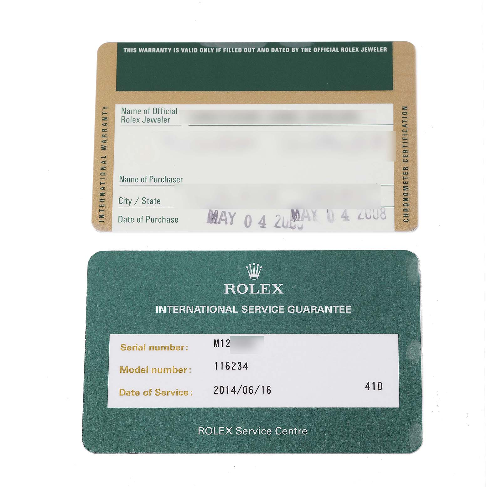 This image shows a Rolex Datejust 116234 Men's Stainless Steel Blue Dial 116234 Men's Stainless Steel Blue Dial warranty card and an international service guarantee card, both viewed from the front.