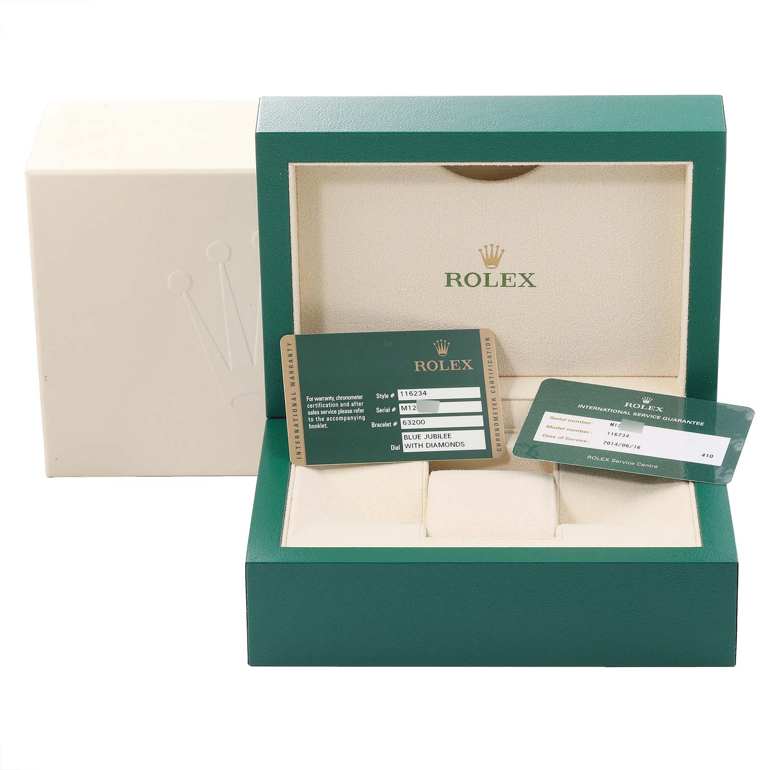 The image shows the packaging and documentation for a Rolex Datejust 116234 Men's Stainless Steel Blue Dial 116234 Men's Stainless Steel Blue Dial model, featuring its watch box, warranty card, and information card.