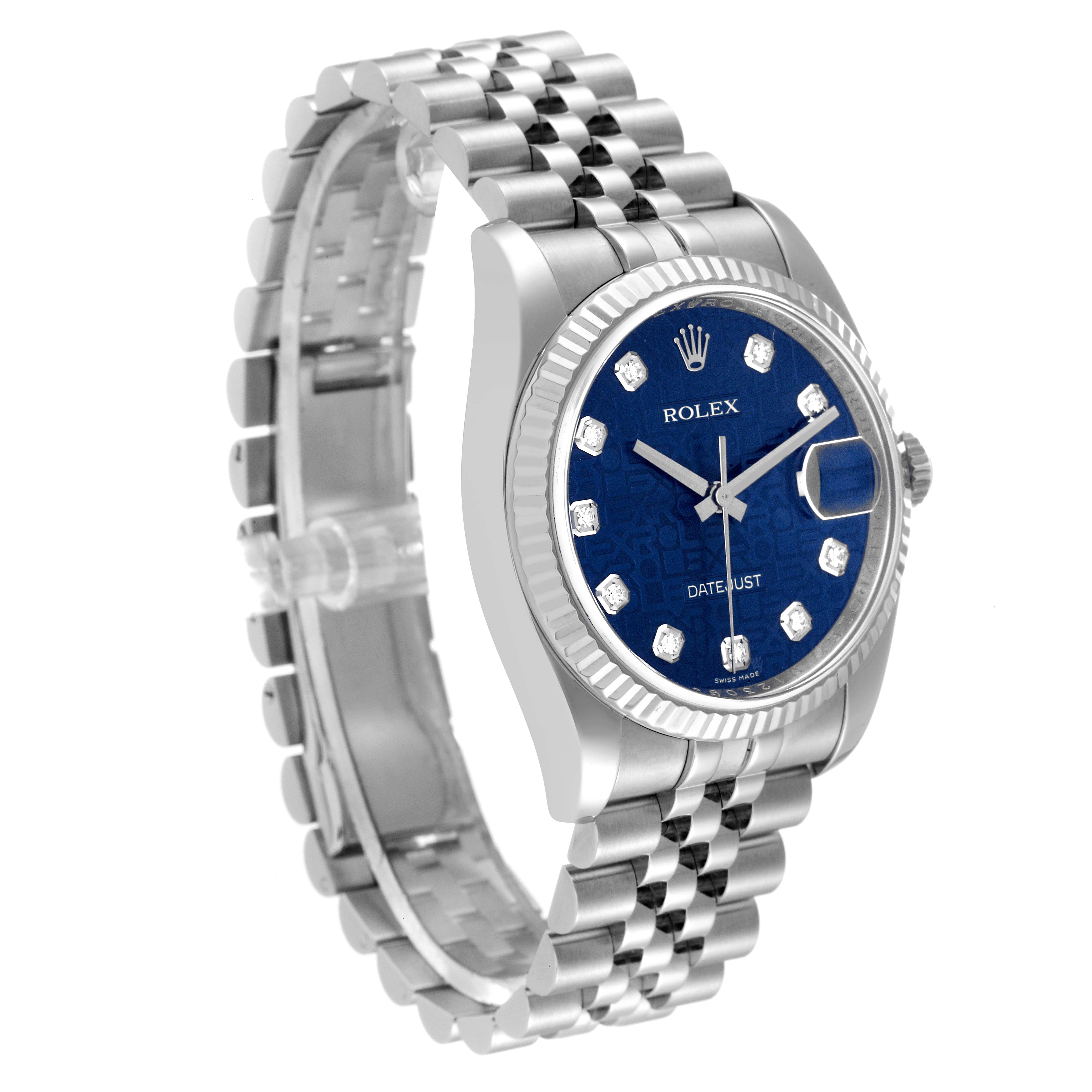 The watch is a Rolex Datejust 116234 Men's Stainless Steel Blue Dial 116234 Men's Stainless Steel Blue Dial model, shown at a three-quarter angle, highlighting the blue dial, diamond hour markers, and Jubilee bracelet.