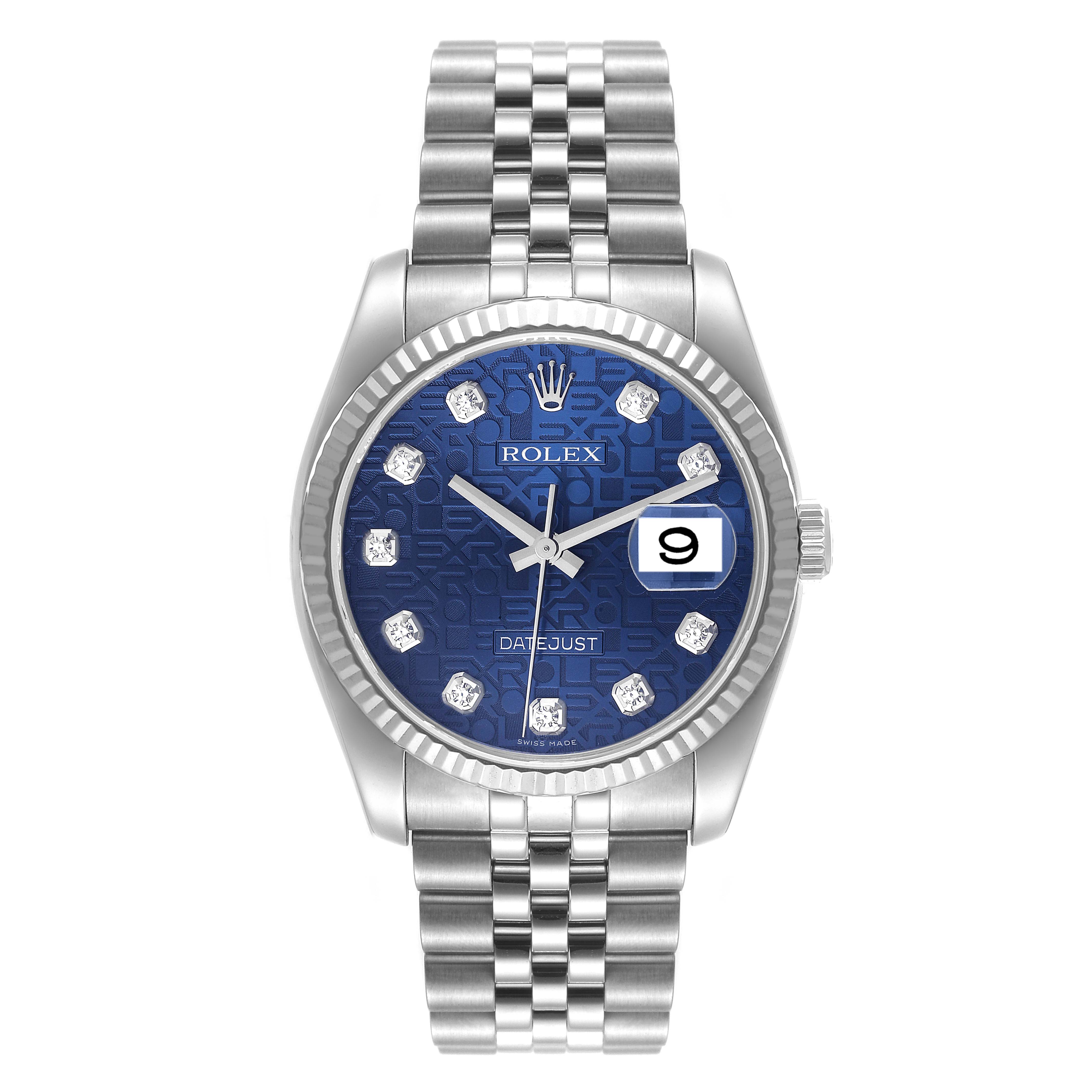 The image shows a frontal view of a Rolex Datejust 116234 Men's Stainless Steel Blue Dial 116234 Men's Stainless Steel Blue Dial watch, featuring a blue dial and a Jubilee bracelet.