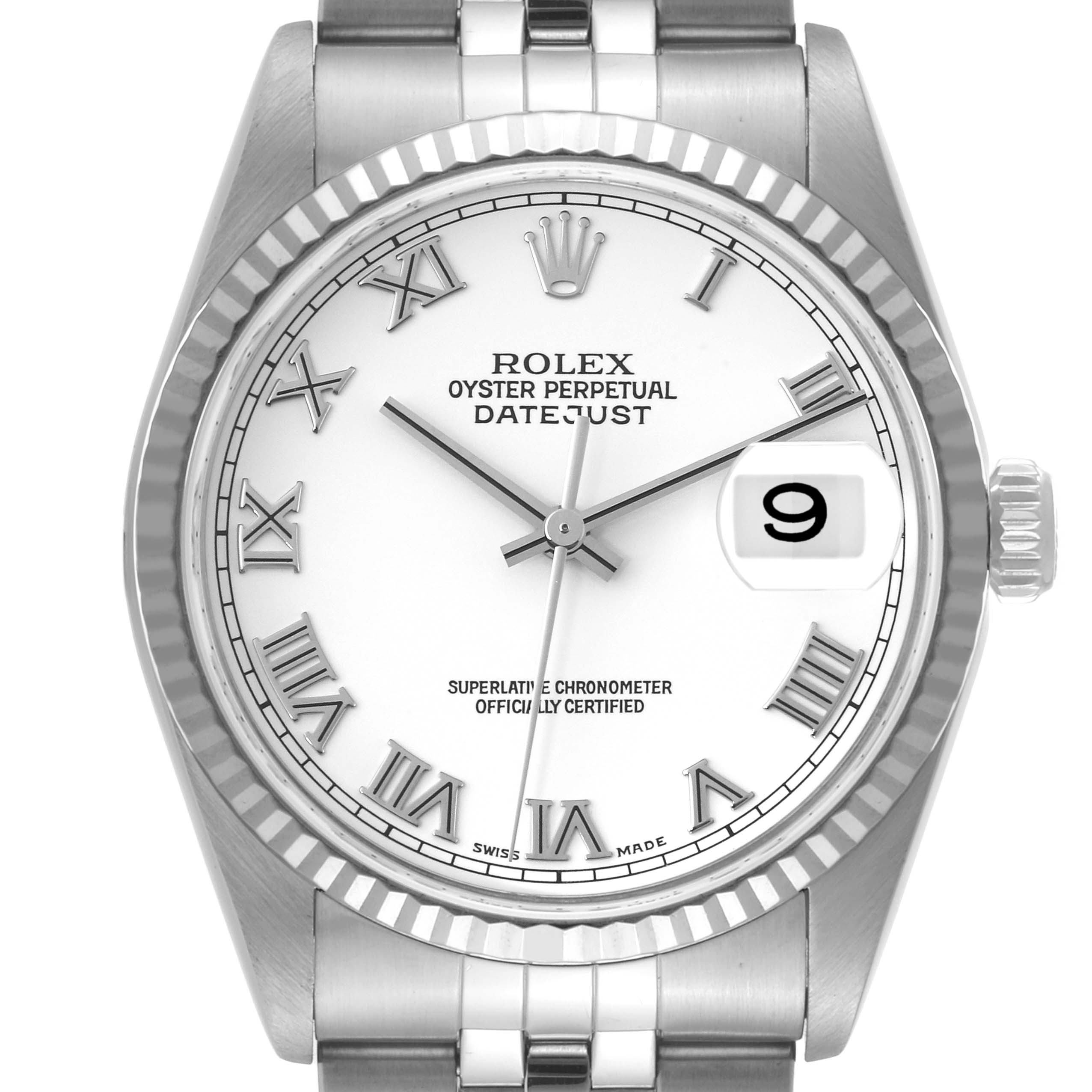 The Rolex Datejust 16234 Men's Stainless Steel White Dial 16234 Men's Stainless Steel White Dial watch is shown from a front angle, displaying the dial, bezel, and part of the bracelet.