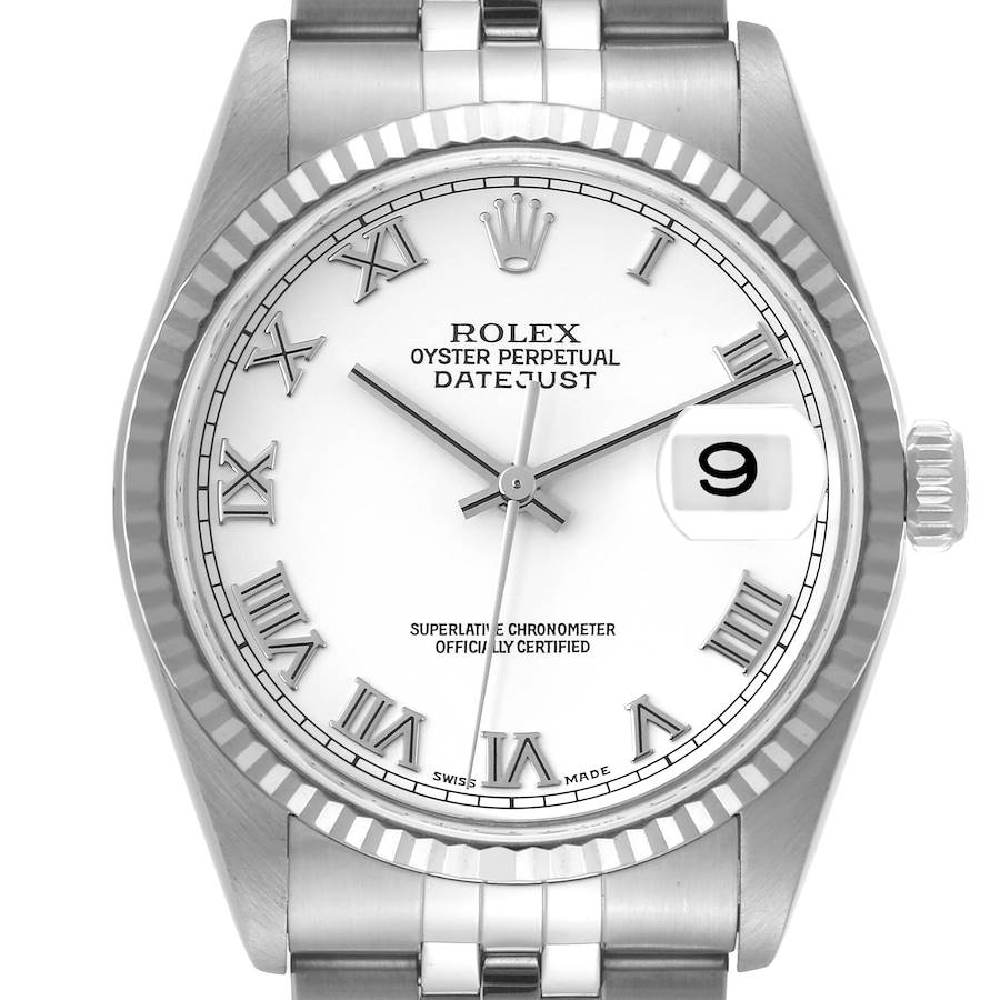 The Rolex Datejust watch is shown from a front angle, displaying the dial, bezel, and part of the bracelet.