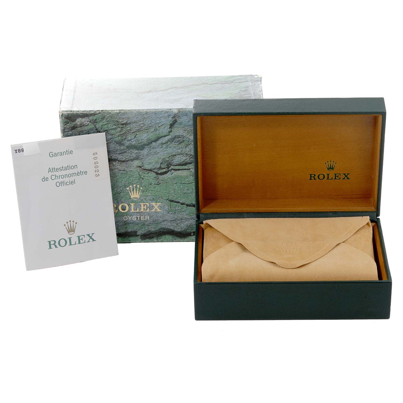 The image shows a Rolex Datejust 16234 Men's Stainless Steel White Dial 16234 Men's Stainless Steel White Dial watch box with certificates, viewed from the front.