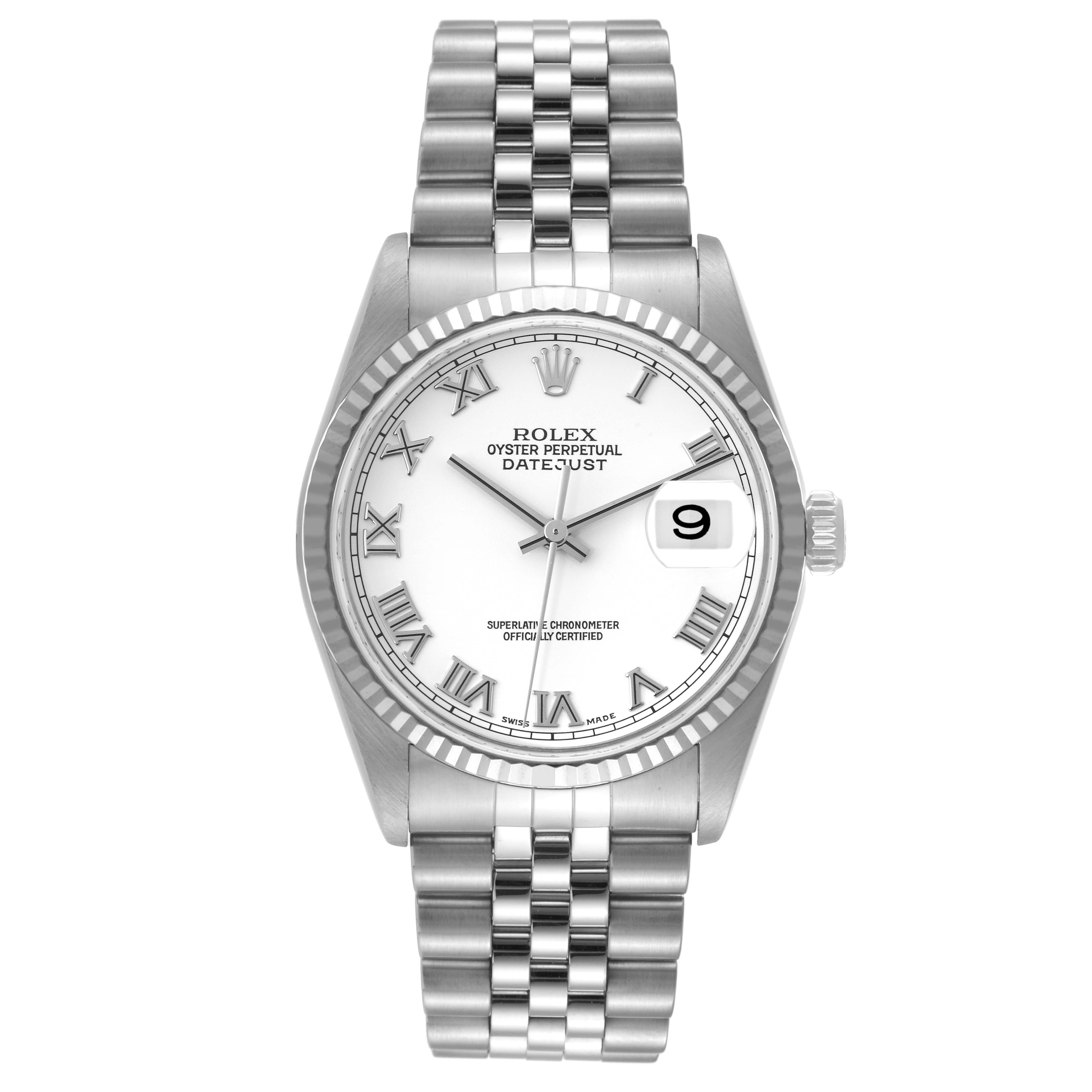 The Rolex Datejust 16234 Men's Stainless Steel White Dial 16234 Men's Stainless Steel White Dial watch is shown from the front, displaying the dial, bezel, crown, and bracelet.