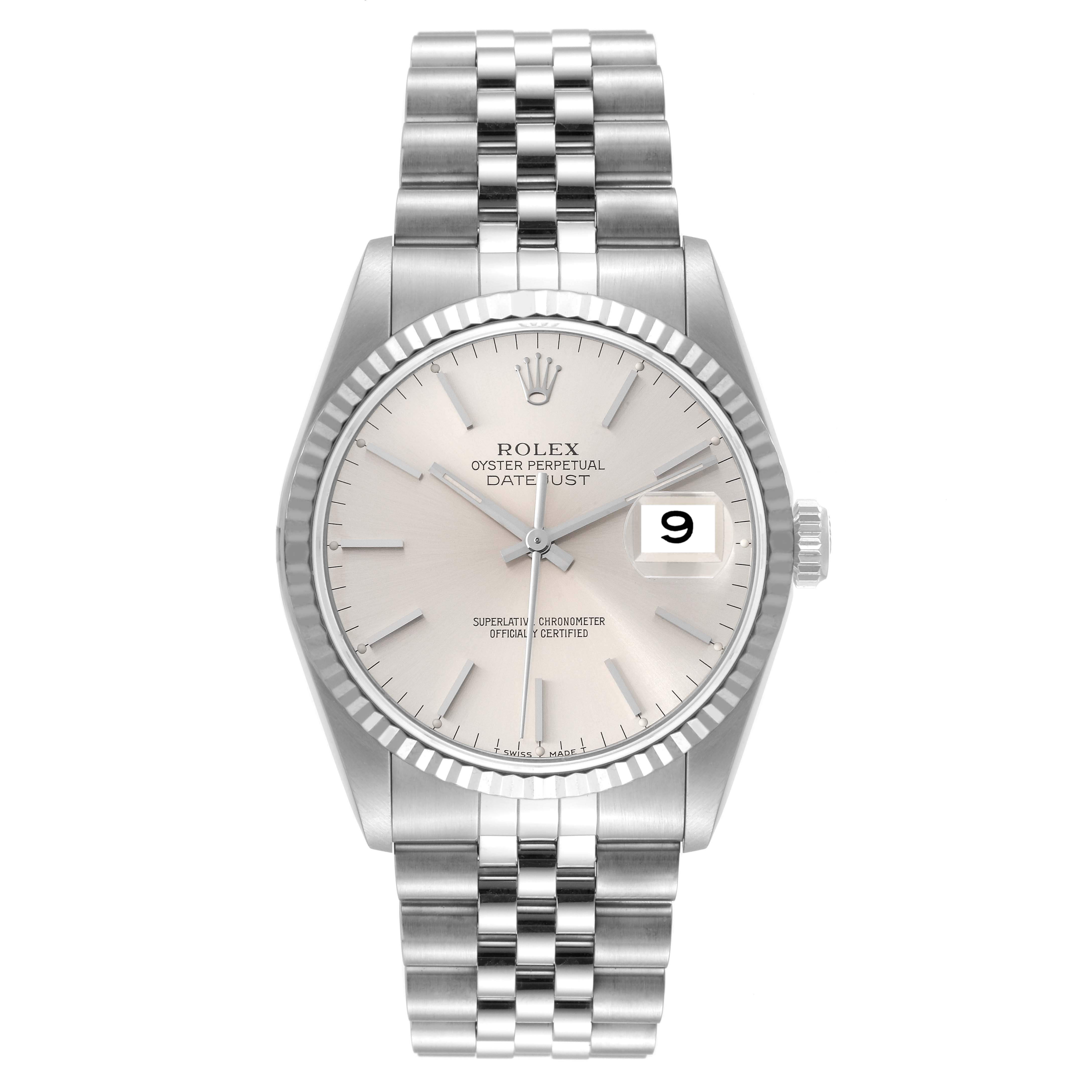 This image shows a front view of a Rolex Datejust 16234 Men's Stainless Steel Silver Dial 16234 Men's Stainless Steel Silver Dial watch, displaying its dial, bezel, crown, and bracelet.