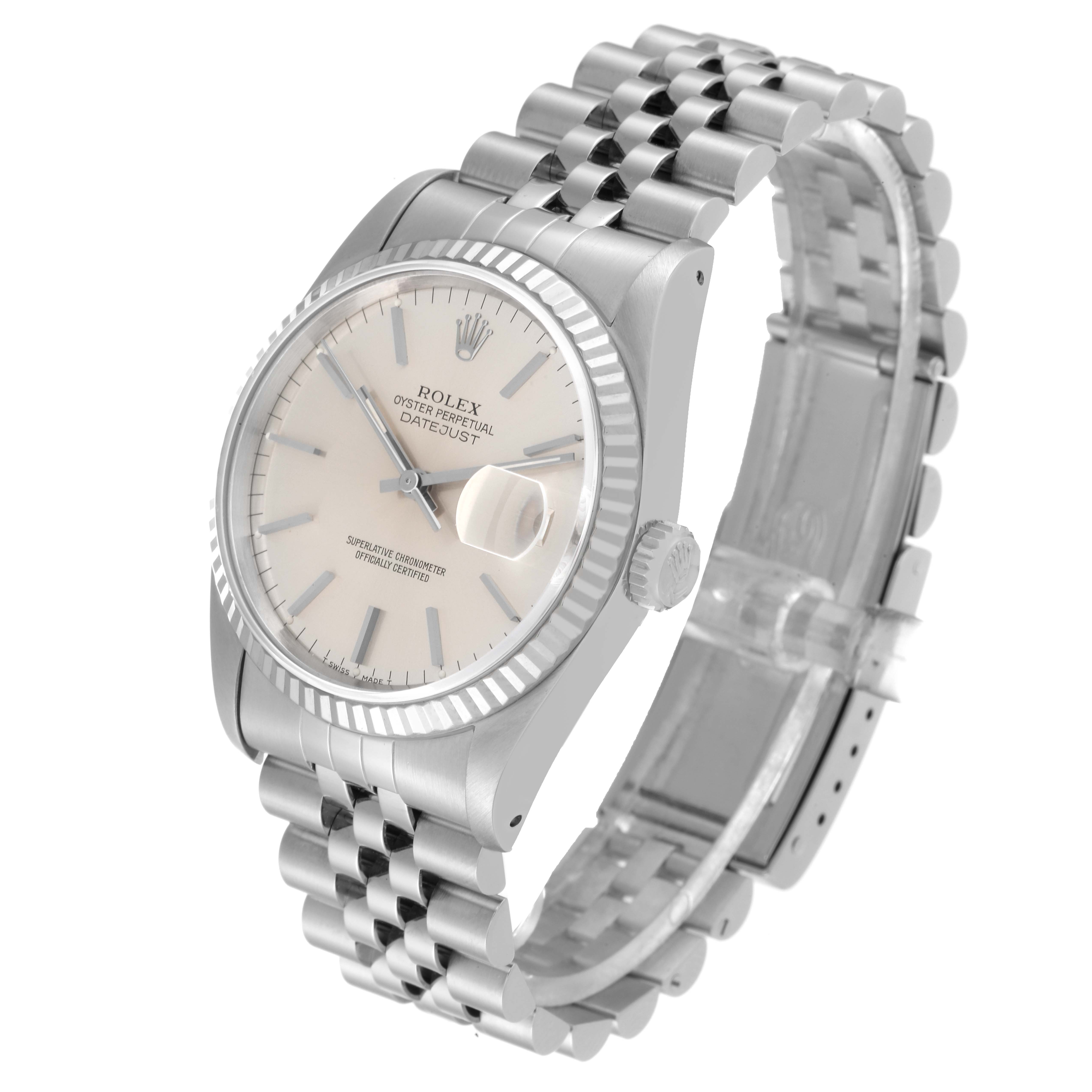 The watch shown is a Rolex Datejust 16234 Men's Stainless Steel Silver Dial 16234 Men's Stainless Steel Silver Dial model, viewed from an angled perspective revealing the dial, fluted bezel, crown, and jubilee bracelet.
