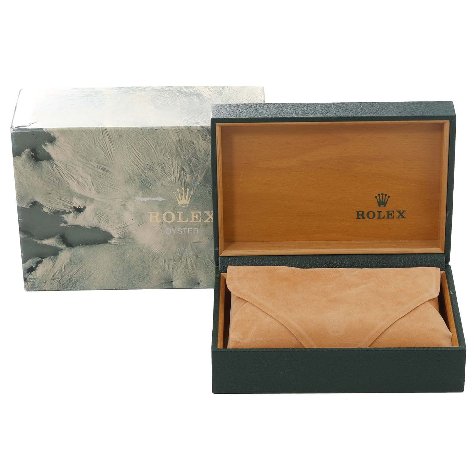 The image shows the box and packaging for a Rolex Datejust 16234 Men's Stainless Steel Silver Dial 16234 Men's Stainless Steel Silver Dial model, with the box open displaying a tan suede pouch inside.