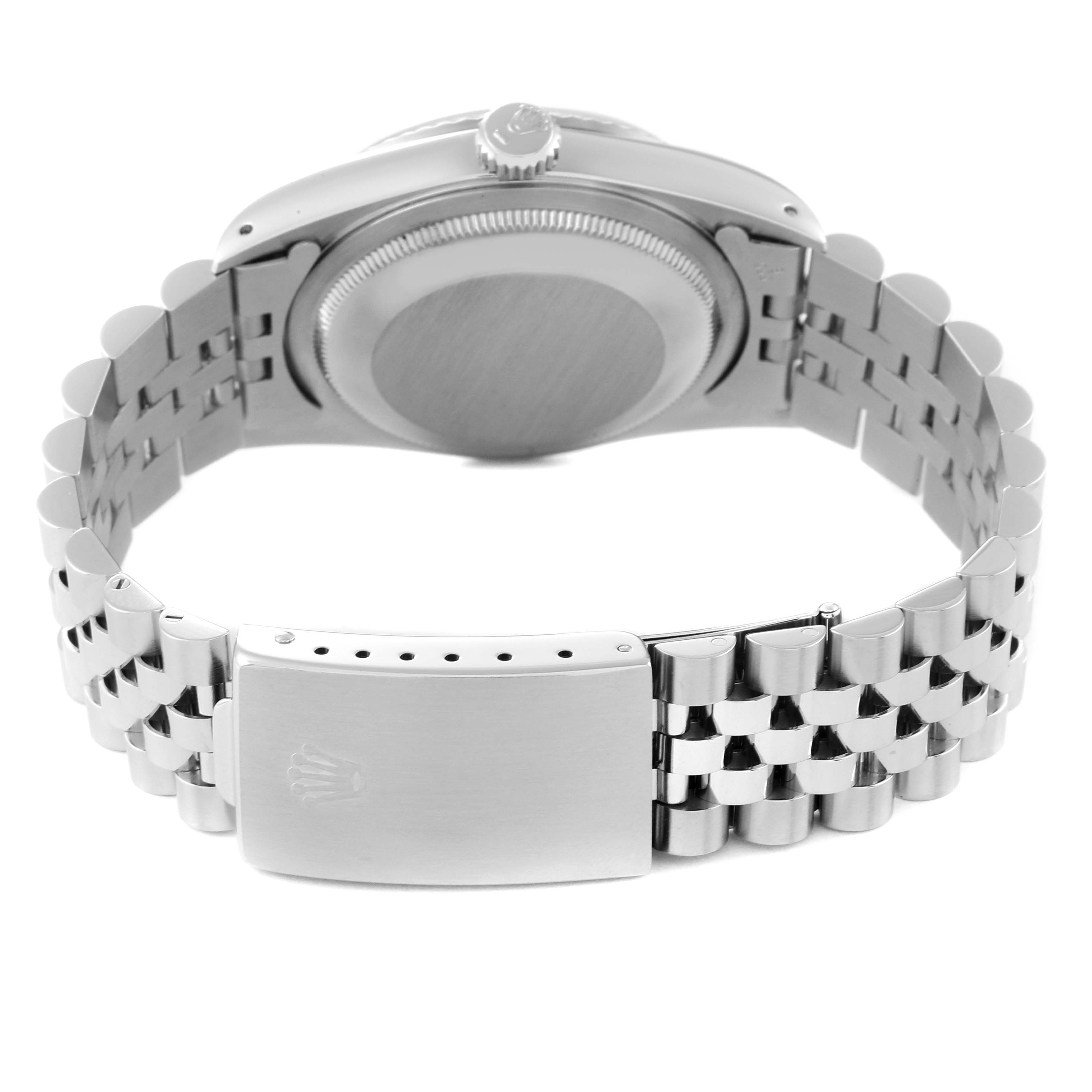 This image shows the back of a Rolex Datejust 16234 Men's Stainless Steel Silver Dial 16234 Men's Stainless Steel Silver Dial watch, focusing on the case back, crown, and jubilee bracelet with clasp.