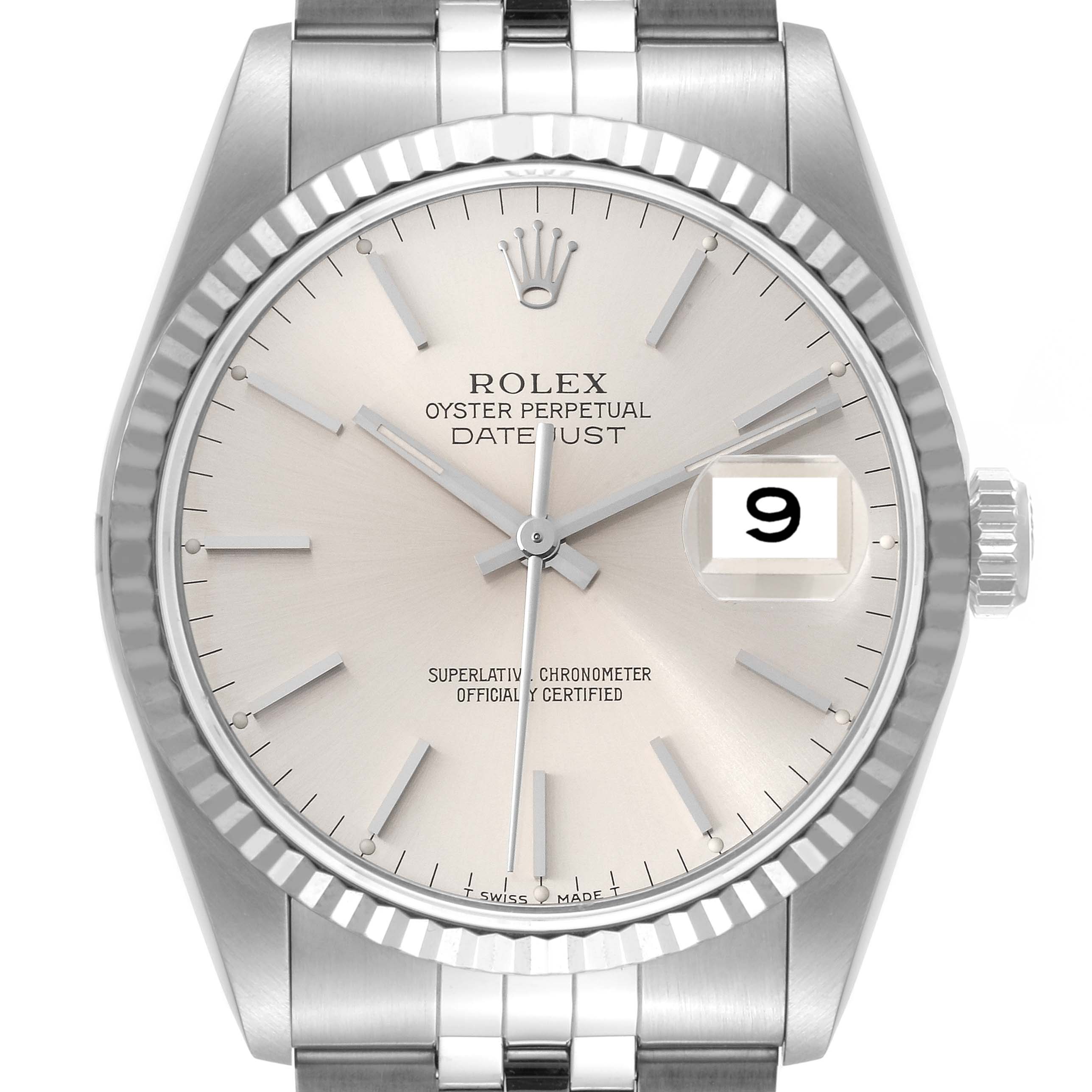 The image shows a front view of the Rolex Datejust 16234 Men's Stainless Steel Silver Dial 16234 Men's Stainless Steel Silver Dial watch, highlighting its dial, bezel, crown, and part of the bracelet.