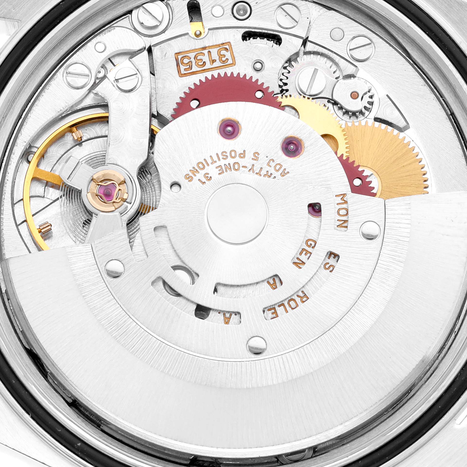 This image shows a close-up of the movement mechanism inside a Rolex Datejust 16234 Men's Stainless Steel Silver Dial 16234 Men's Stainless Steel Silver Dial watch.