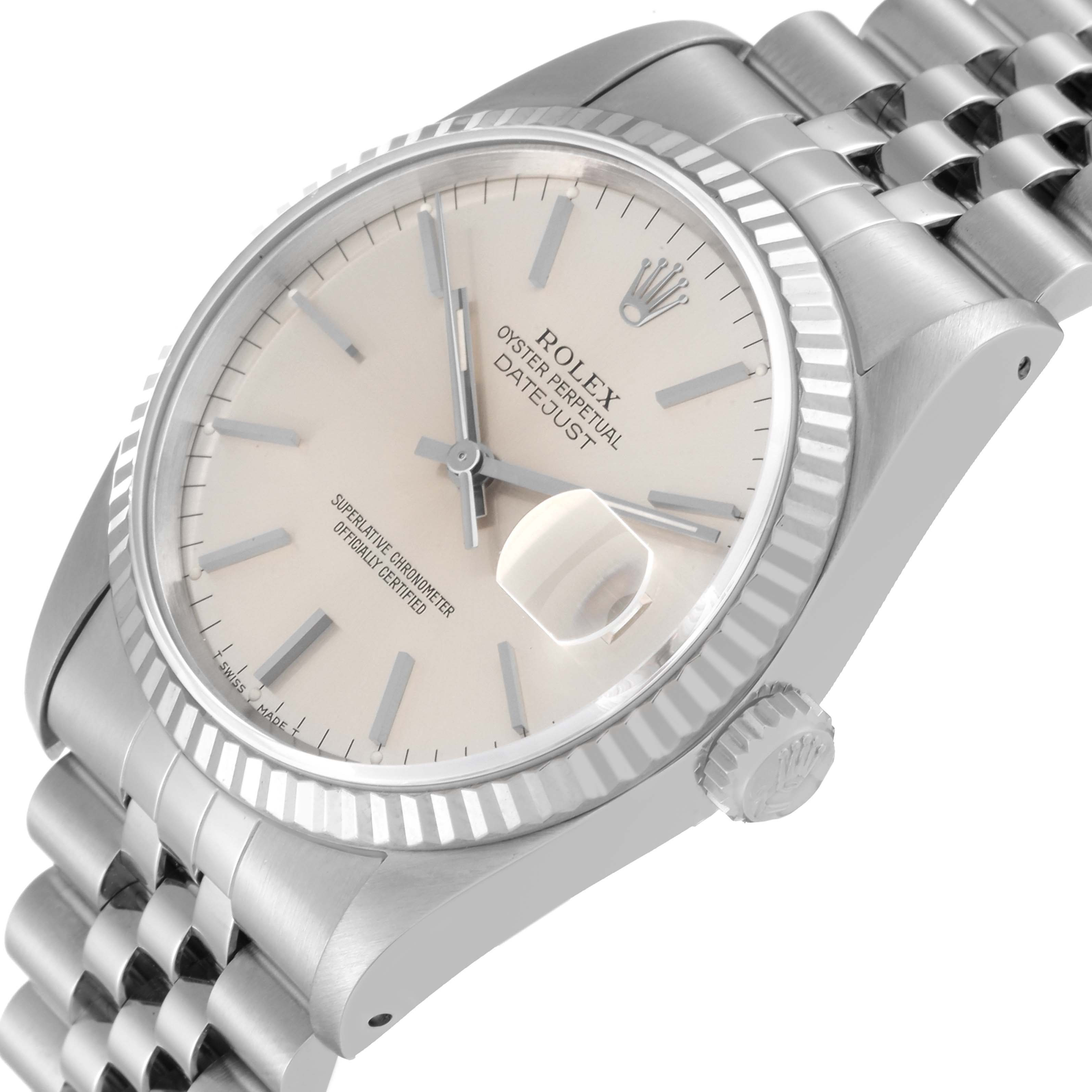 The image shows the dial, bezel, crown, and partially the bracelet of the Rolex Datejust 16234 Men's Stainless Steel Silver Dial 16234 Men's Stainless Steel Silver Dial watch at a slight angle.