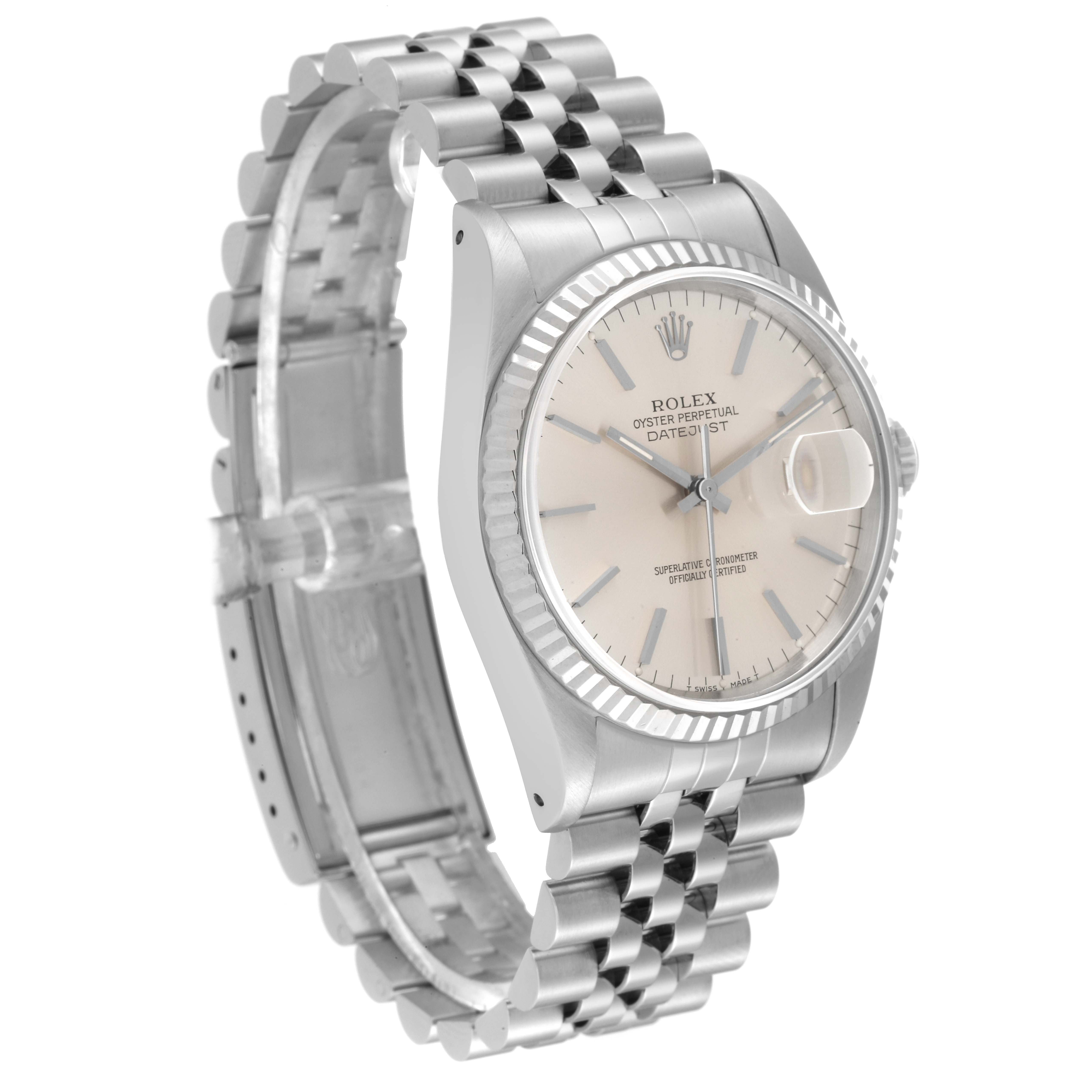 The image shows a Rolex Datejust 16234 Men's Stainless Steel Silver Dial 16234 Men's Stainless Steel Silver Dial watch at a slight angle, displaying the dial, bezel, and part of the bracelet.