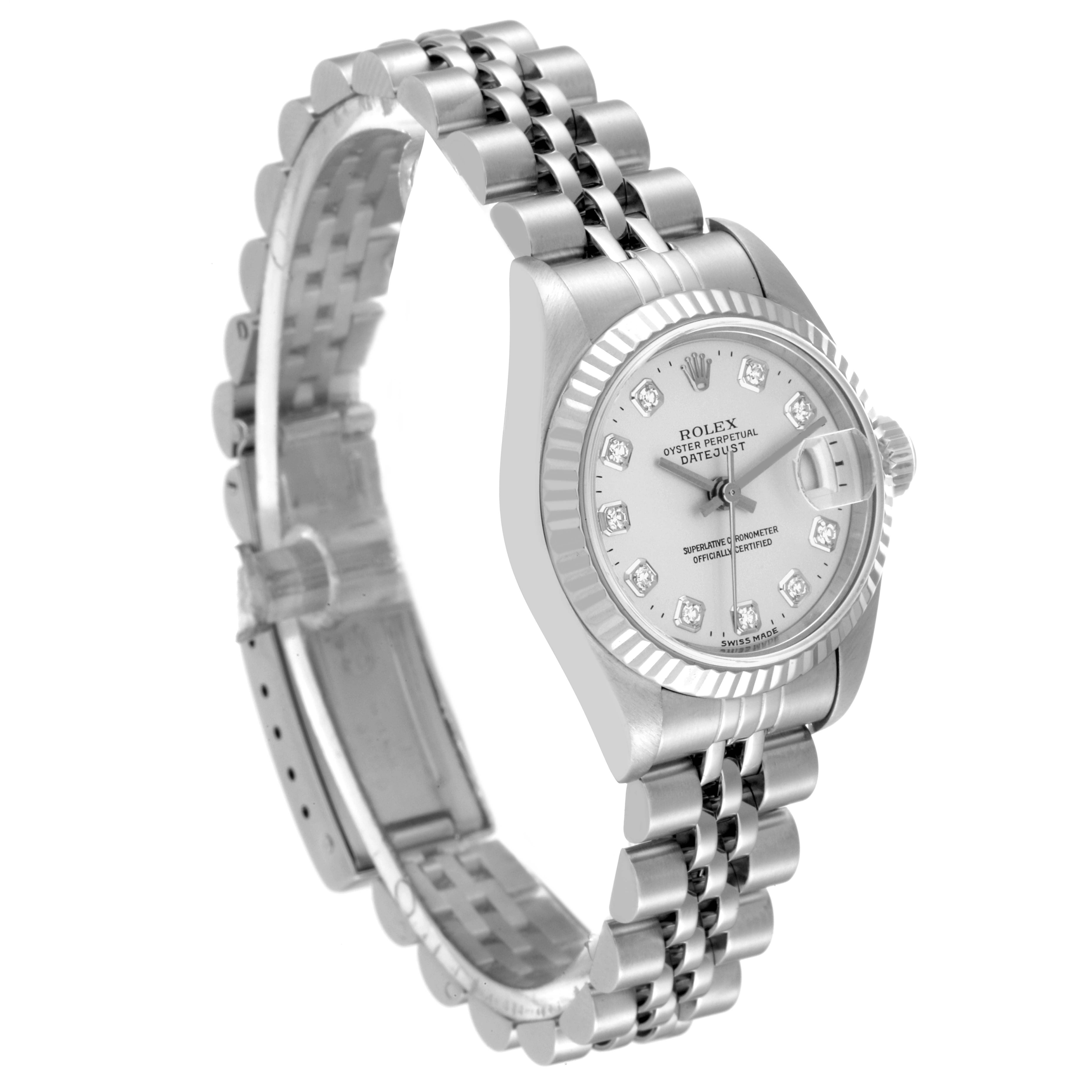 The Rolex Datejust 69174 Women's Stainless Steel Silver Dial 69174 Women's Stainless Steel Silver Dial watch is shown at a three-quarter angle, highlighting the face, bezel, and bracelet.