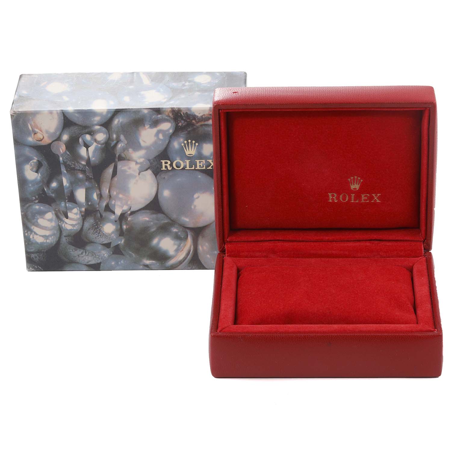 The image shows an open red Rolex Datejust 69174 Women's Stainless Steel Silver Dial 69174 Women's Stainless Steel Silver Dial watch box with the outer packaging visible in the background.