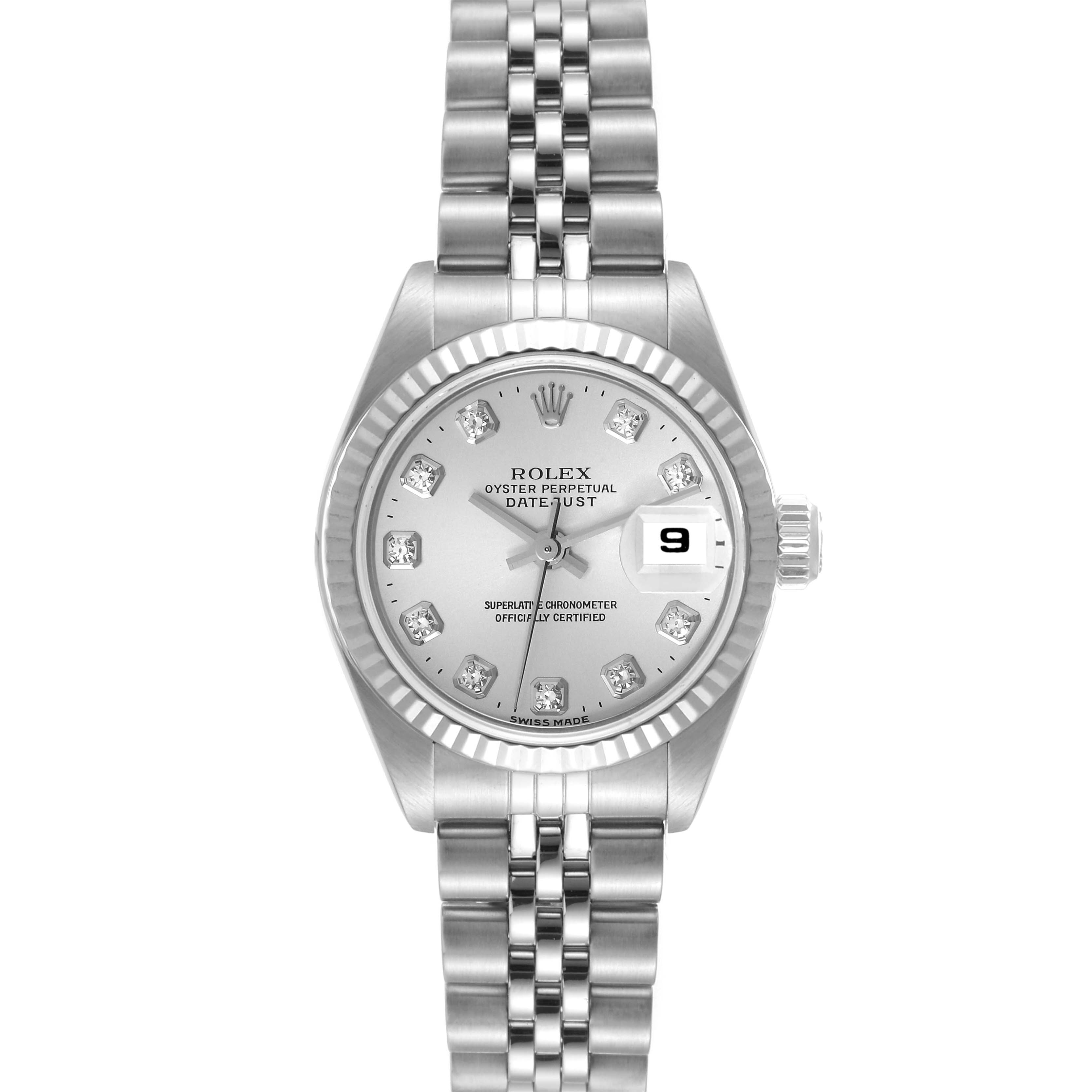 This Rolex Datejust 69174 Women's Stainless Steel Silver Dial 69174 Women's Stainless Steel Silver Dial watch is shown from a front angle, highlighting its dial, bracelet, and fluted bezel.
