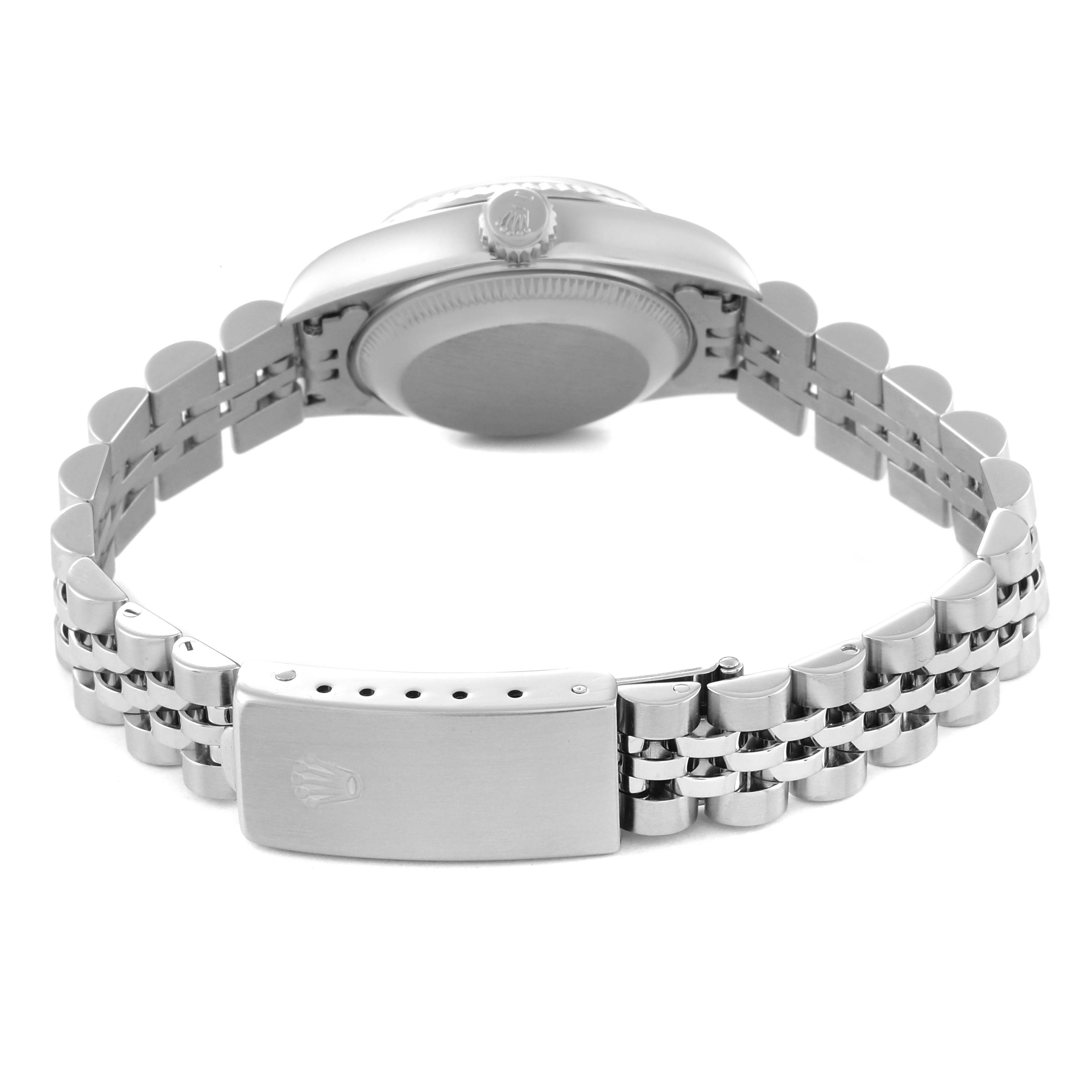 The image shows the back and bracelet of the Rolex Datejust 69174 Women's Stainless Steel Silver Dial 69174 Women's Stainless Steel Silver Dial watch from an angle focusing on the clasp and case.