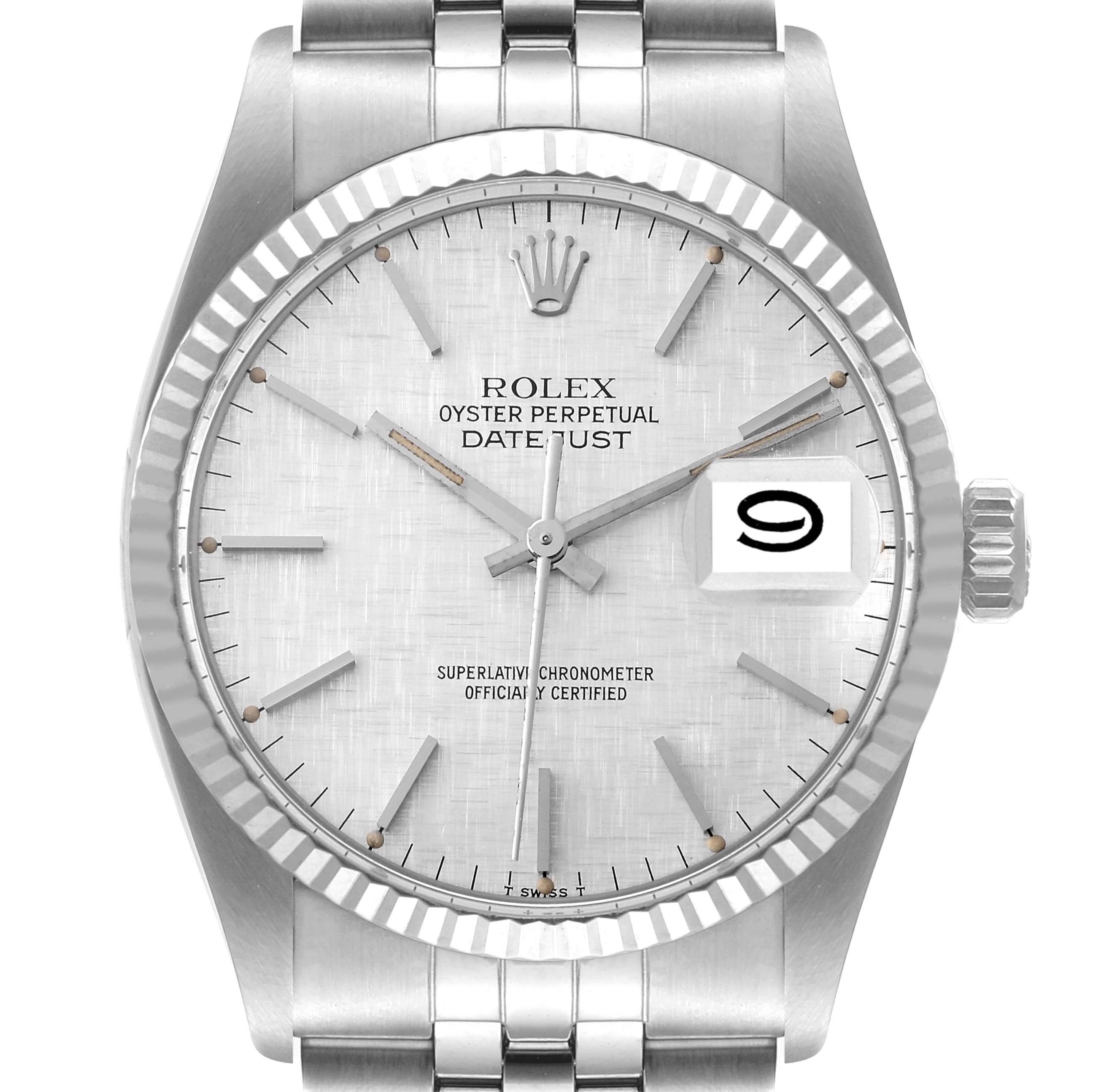 The image shows a frontal view of a Rolex Vintage Collection 16014 Men
s Stainless Steel Silver Dial 16014 Men
s Stainless Steel Silver Dial Oyster Perpetual Datejust watch, highlighting its face, bezel, hands, and bracelet.