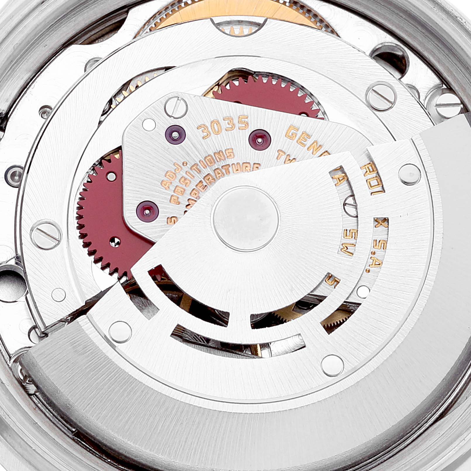 This image shows the intricate internal mechanism of a Rolex Vintage Collection 16014 Men
s Stainless Steel Silver Dial 16014 Men
s Stainless Steel Silver Dial watch model 3035, focusing on its gears and rotor.