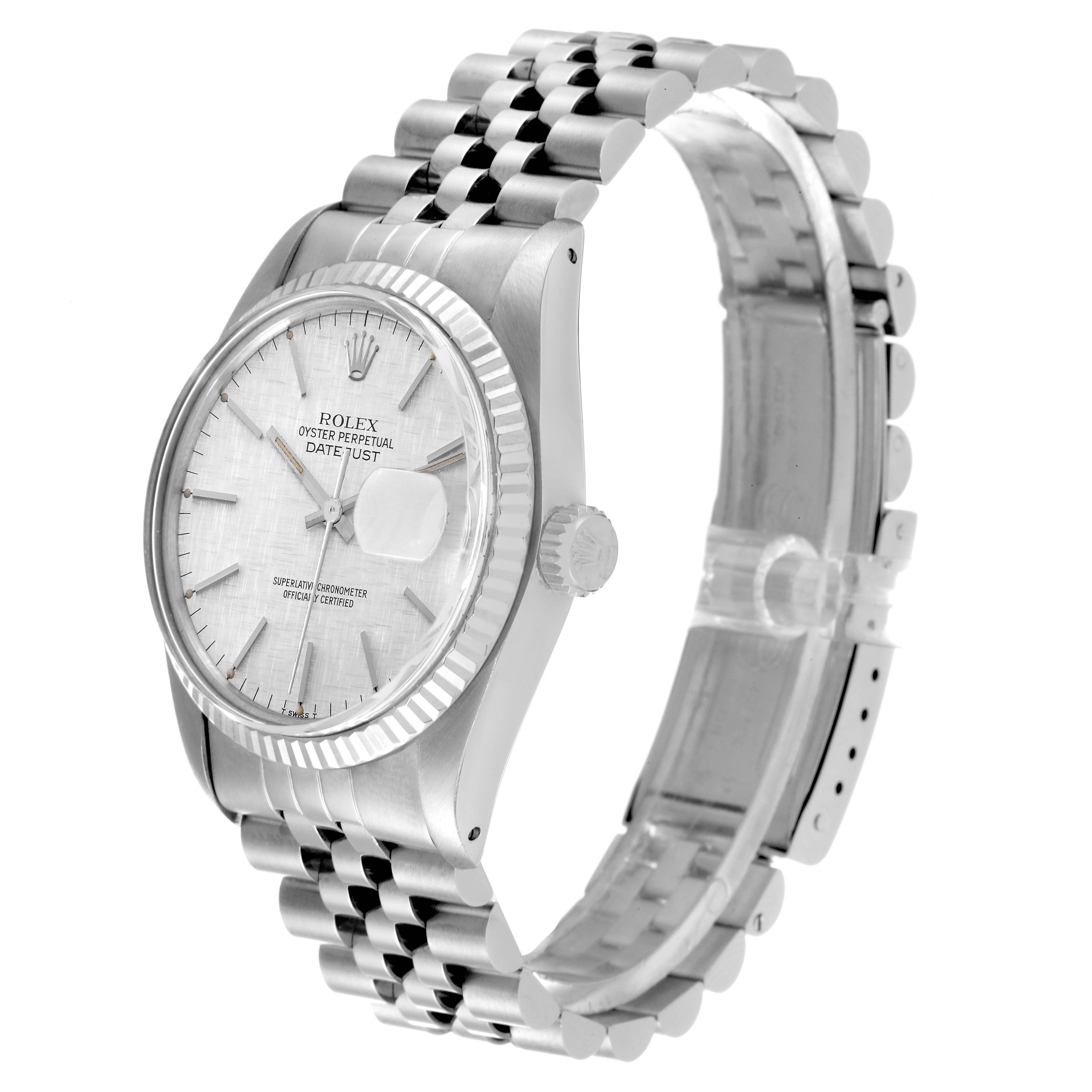 The image shows a side-angle view of the Rolex Vintage Collection 16014 Men
s Stainless Steel Silver Dial 16014 Men
s Stainless Steel Silver Dial watch, highlighting the dial, bezel, crown, and bracelet.