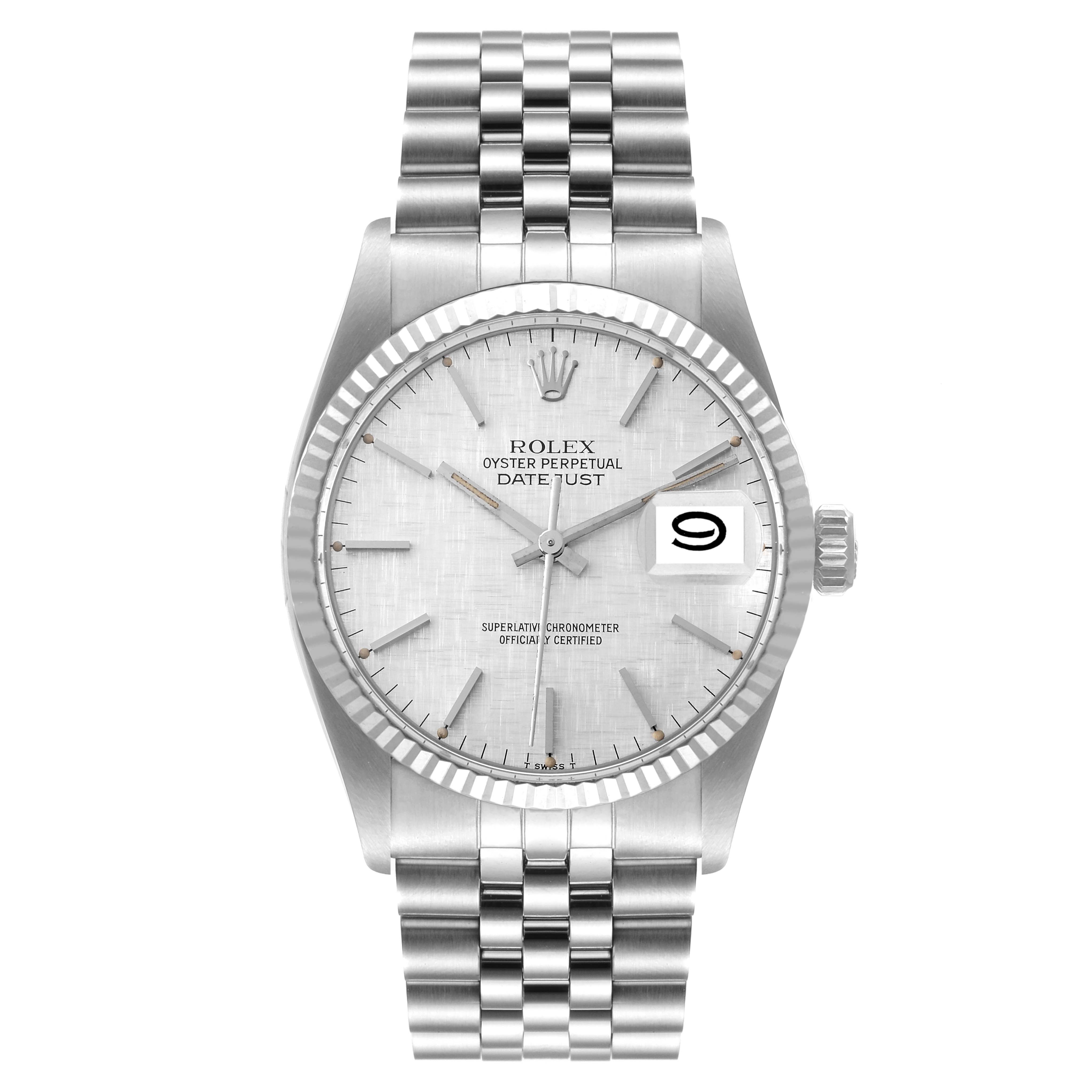 The image shows a front angle view of a Rolex Vintage Collection 16014 Men
s Stainless Steel Silver Dial 16014 Men
s Stainless Steel Silver Dial model watch featuring the dial, hands, date window, and bracelet.