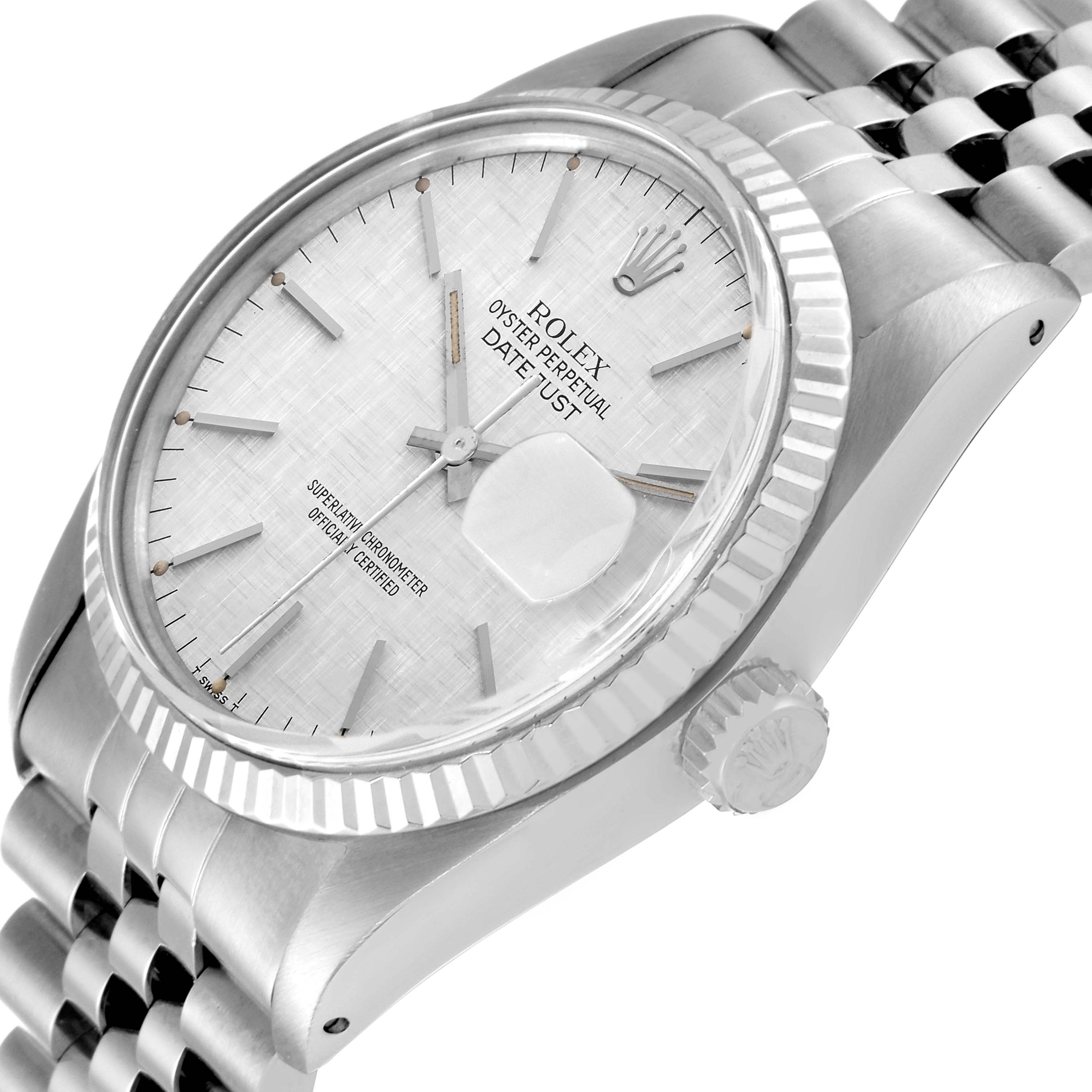 The image shows a Rolex Vintage Collection 16014 Men
s Stainless Steel Silver Dial 16014 Men
s Stainless Steel Silver Dial Datejust watch at an angled close-up view, displaying the dial, bezel, crown, and part of the bracelet.