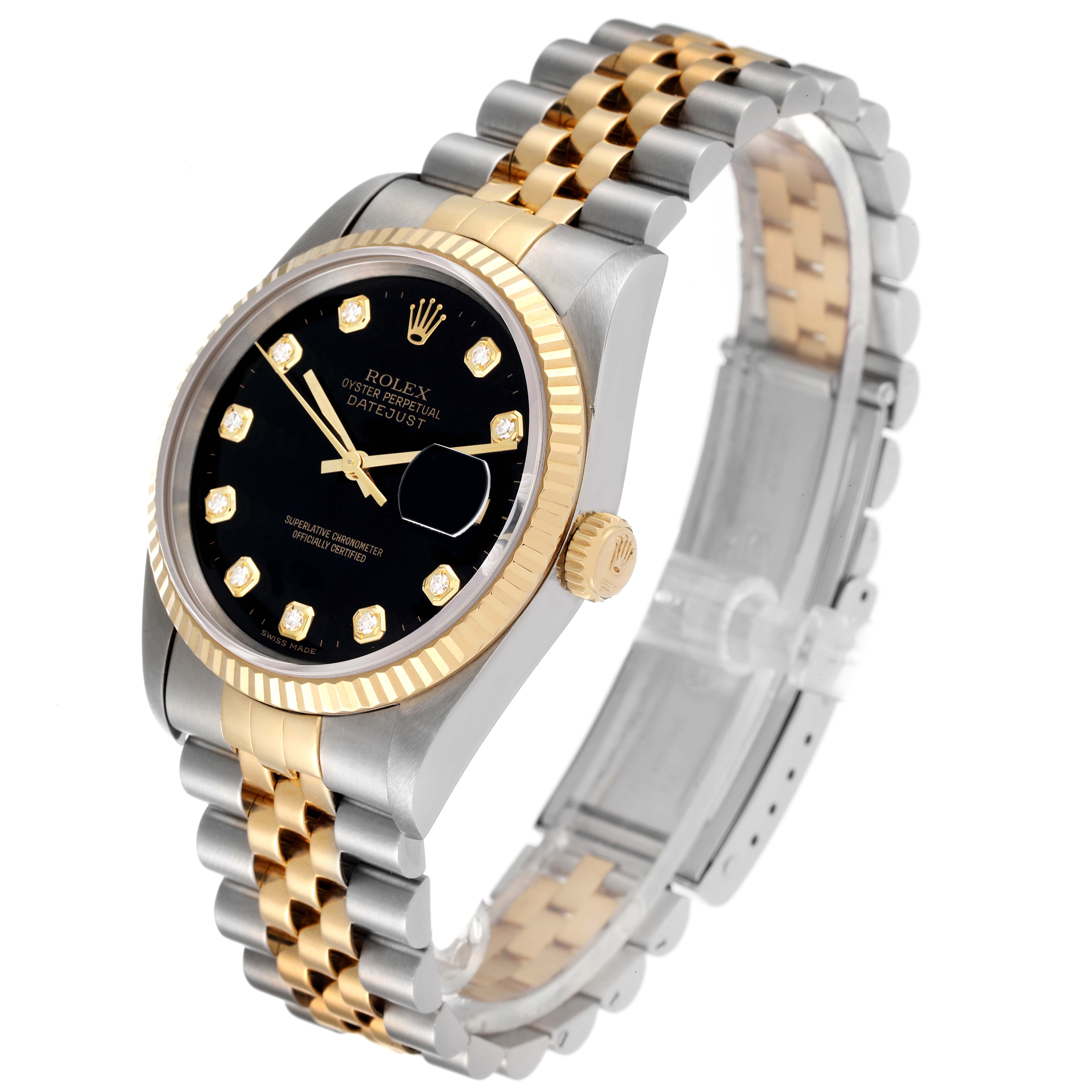 The image shows a Rolex Datejust 16233 Men's Steel and Gold (two tone) Black Dial 16233 Men's Steel and Gold (two tone) Black Dial watch at a three-quarter angle, highlighting the dial, bezel, crown, and bracelet.