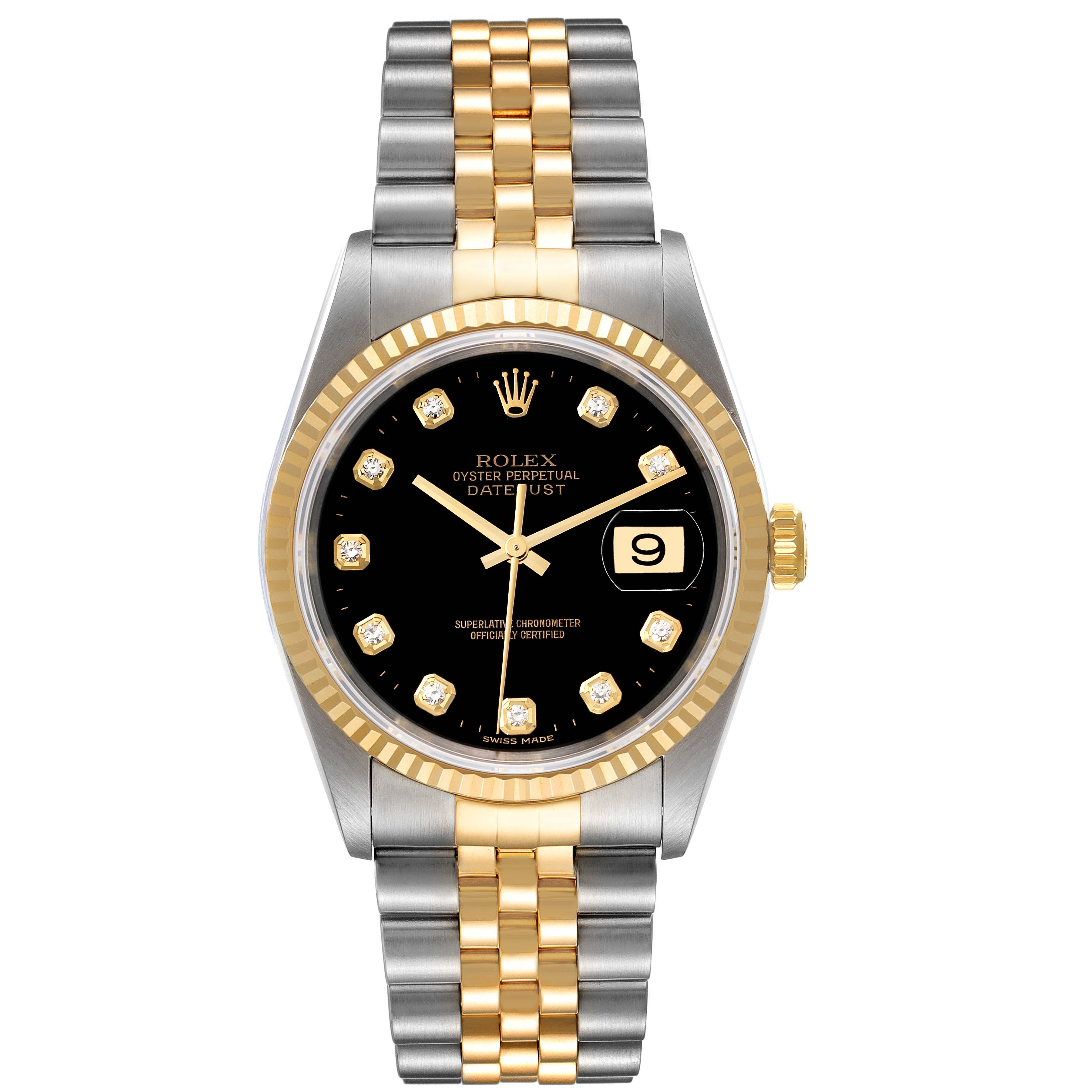 The image displays a front view of a Rolex Datejust 16233 Men's Steel and Gold (two tone) Black Dial 16233 Men's Steel and Gold (two tone) Black Dial watch featuring a black dial, diamond hour markers, and a two-tone metal bracelet.