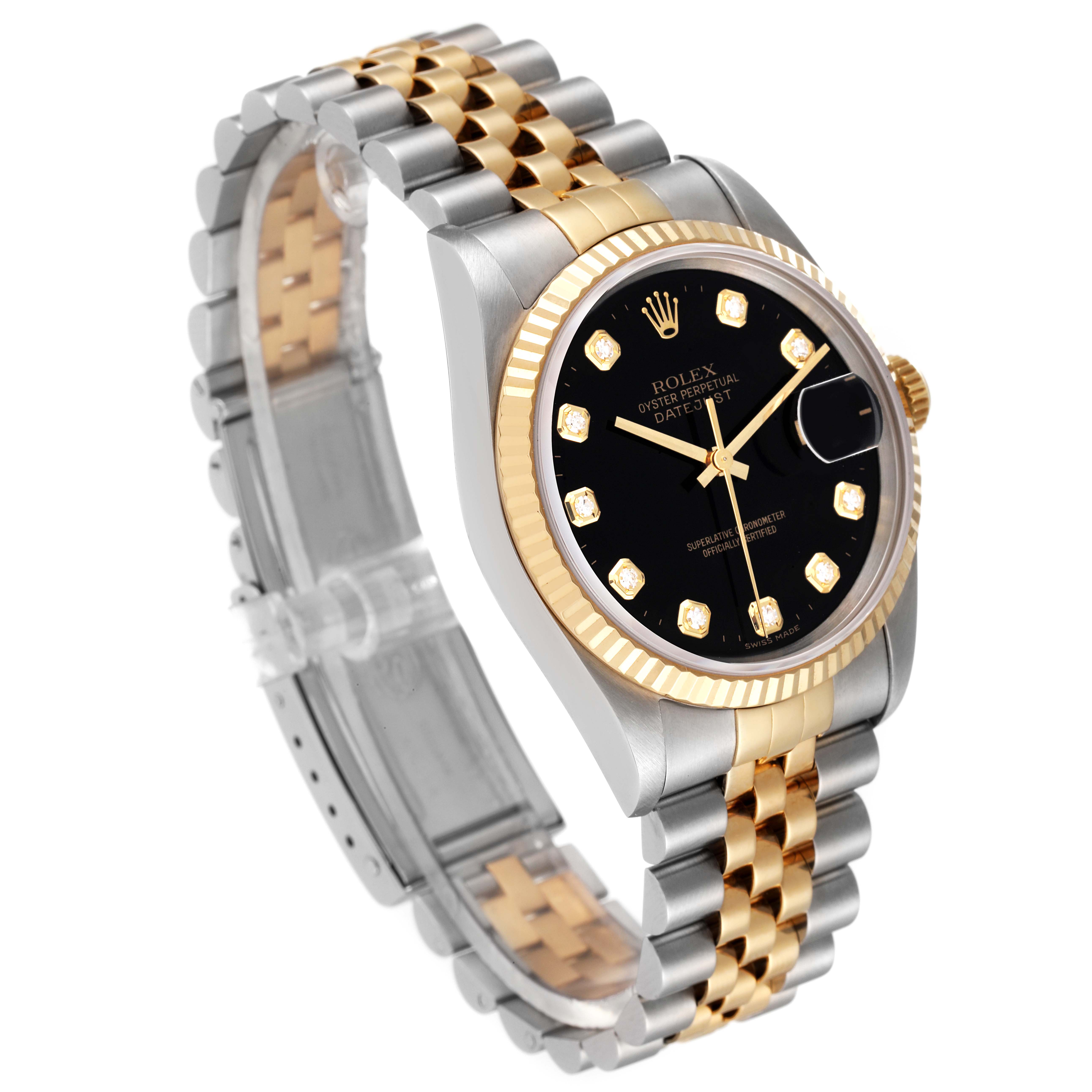 The Rolex Datejust 16233 Men's Steel and Gold (two tone) Black Dial 16233 Men's Steel and Gold (two tone) Black Dial watch is shown at a three-quarter angle, displaying its face, bezel, and two-tone bracelet clearly.