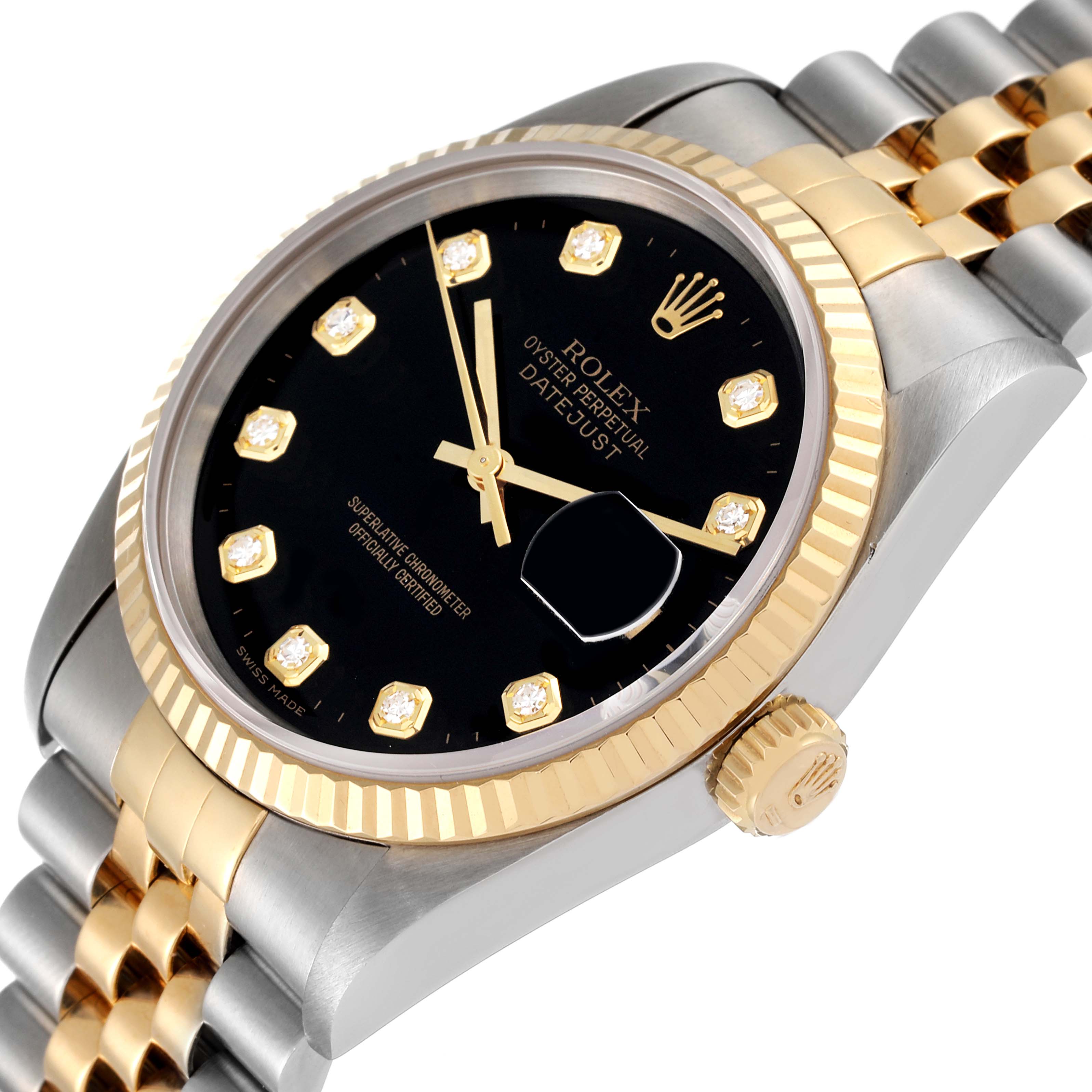 This Rolex Datejust 16233 Men's Steel and Gold (two tone) Black Dial 16233 Men's Steel and Gold (two tone) Black Dial watch is shown from an angled side view, highlighting the black dial, gold bezel, crown, and two-tone bracelet.