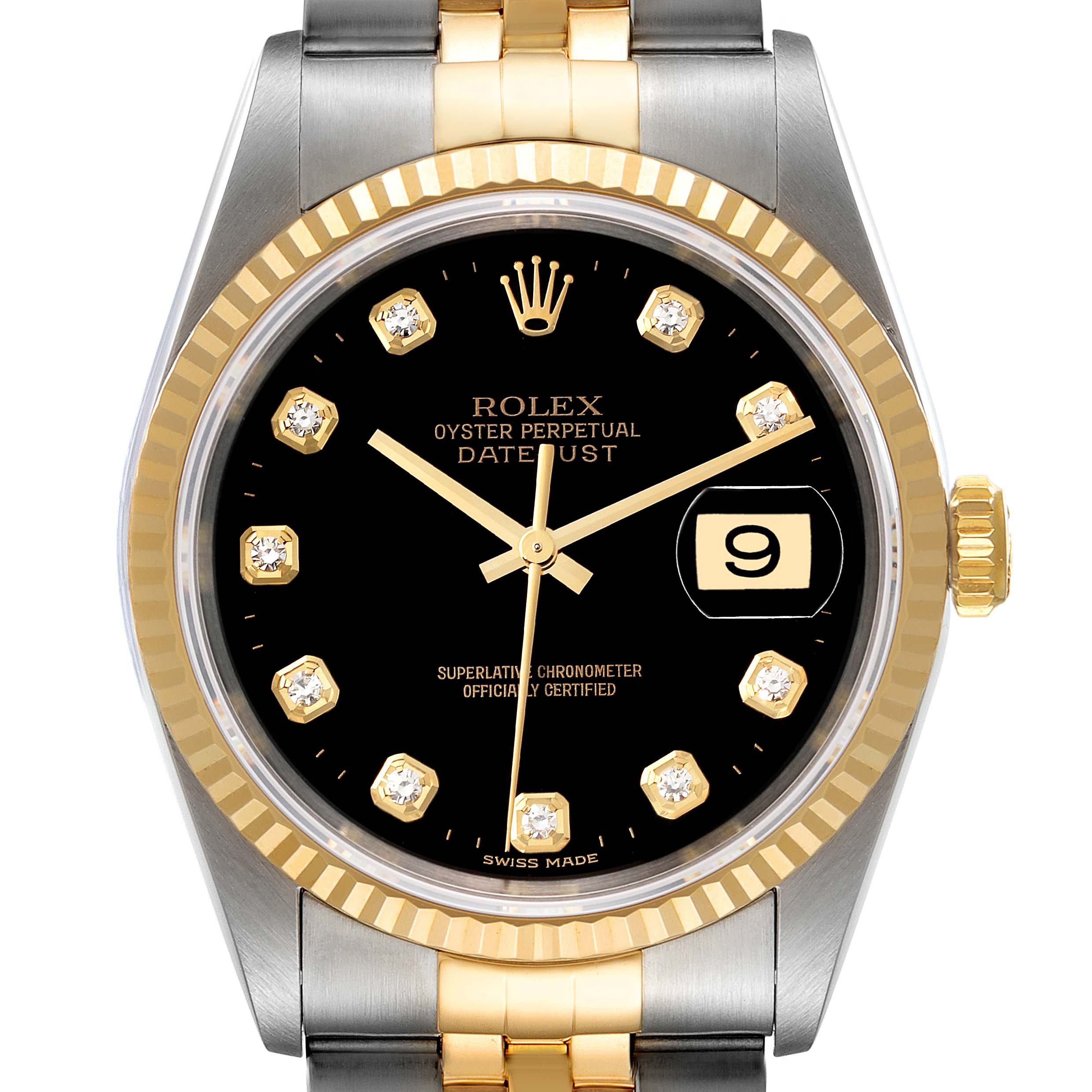 The image shows a frontal view of the Rolex Datejust 16233 Men's Steel and Gold (two tone) Black Dial 16233 Men's Steel and Gold (two tone) Black Dial watch, highlighting its dial, date window, bezel, and bracelet.