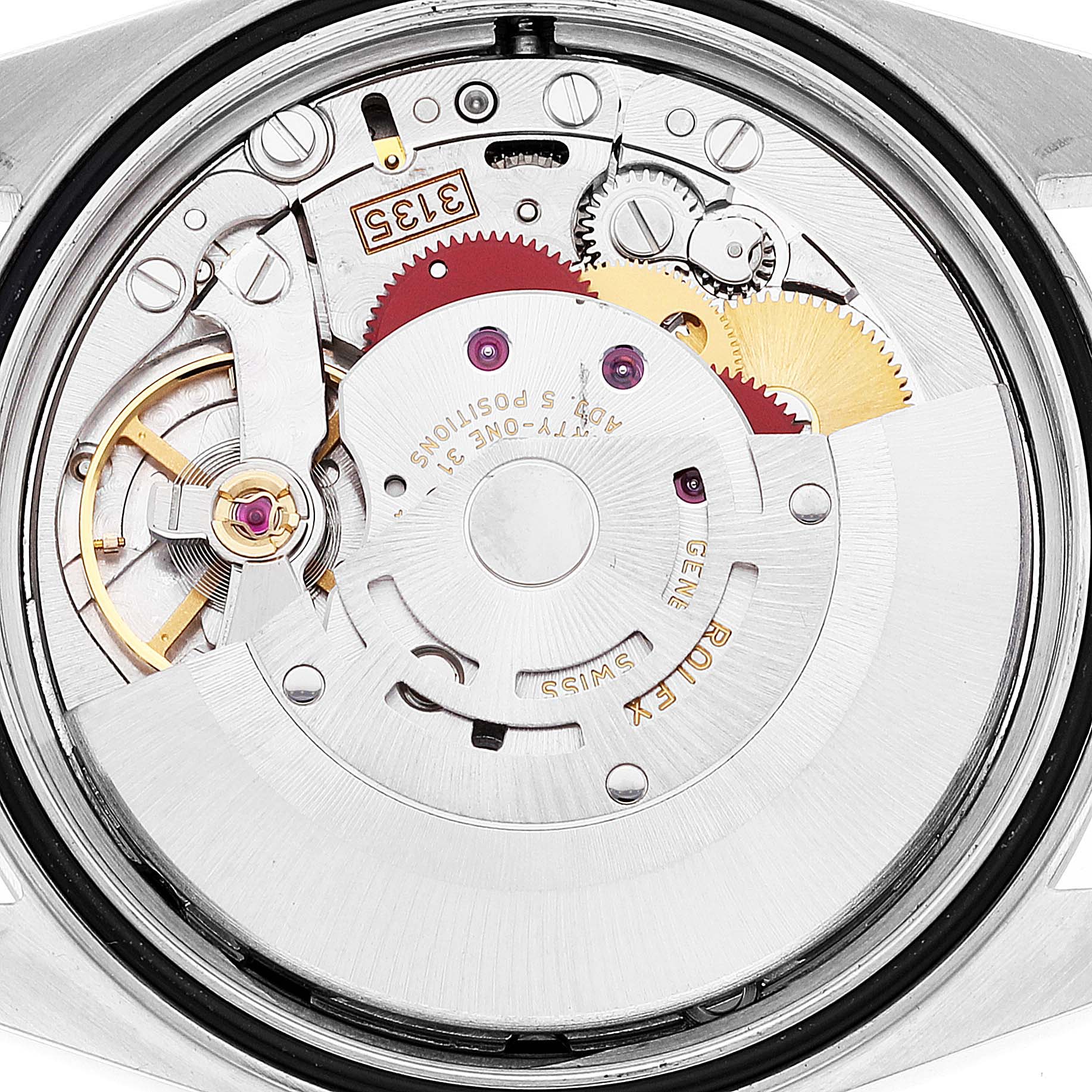 The image shows the detailed internal mechanism of a Rolex Datejust 16233 Men's Steel and Gold (two tone) Black Dial 16233 Men's Steel and Gold (two tone) Black Dial watch, focusing on its intricate gears and movement components.