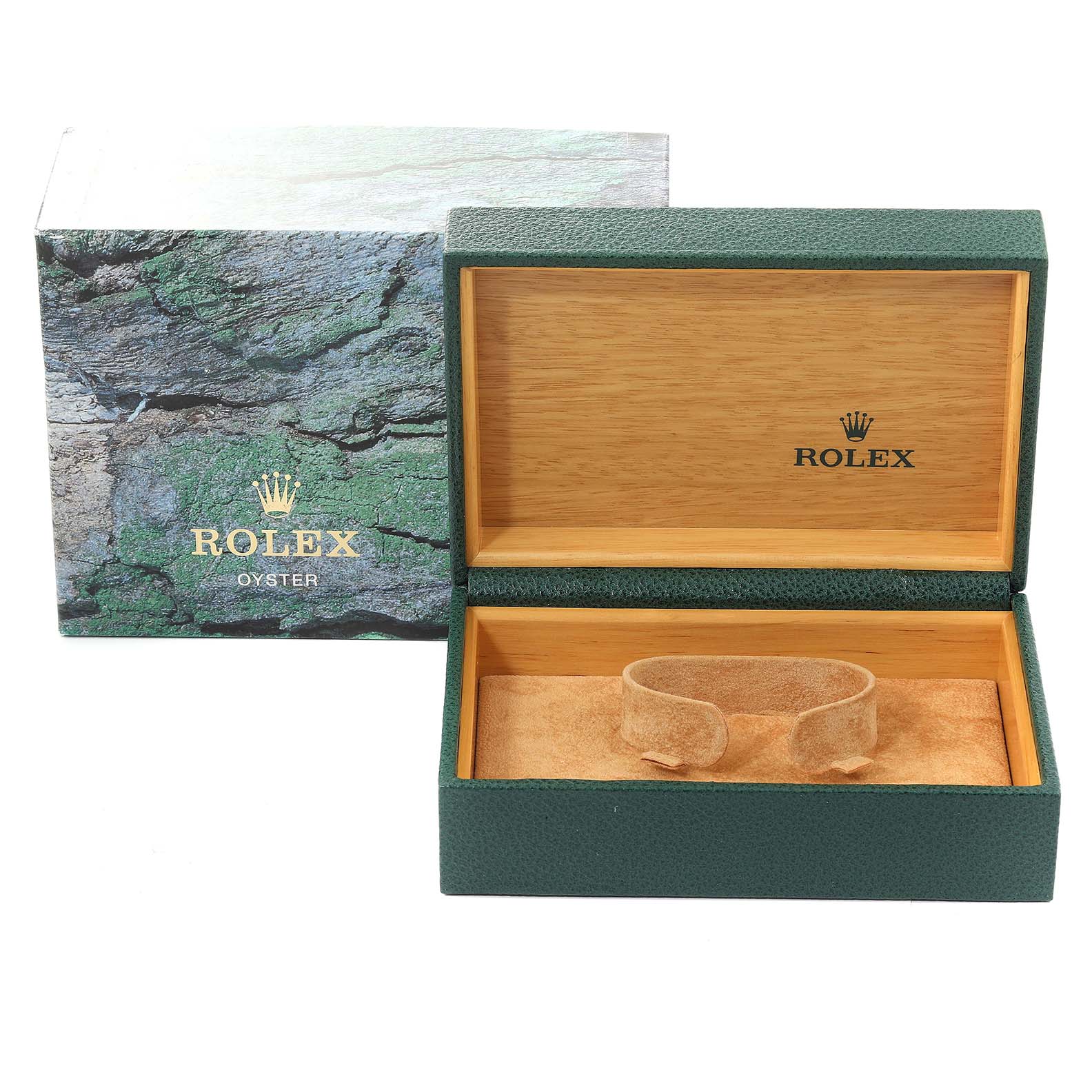 The image shows an open Rolex Datejust 16233 Men's Steel and Gold (two tone) Black Dial 16233 Men's Steel and Gold (two tone) Black Dial watch box with a wooden interior and green exterior, alongside its outer packaging.