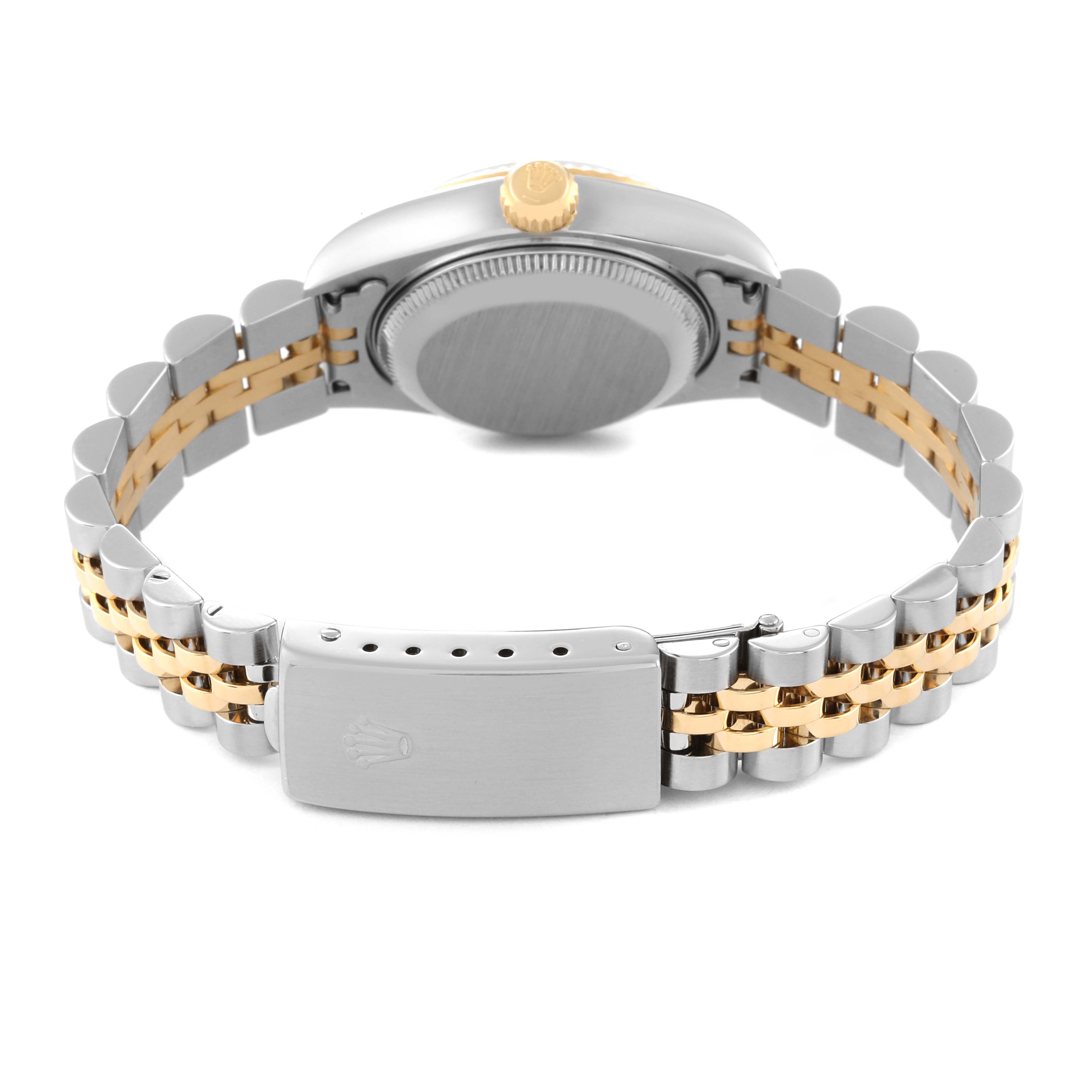 The image shows the back of a Rolex Datejust 79173 Women's Steel and Gold (two tone) Blue Dial 79173 Women's Steel and Gold (two tone) Blue Dial watch, including the clasp and bracelet.