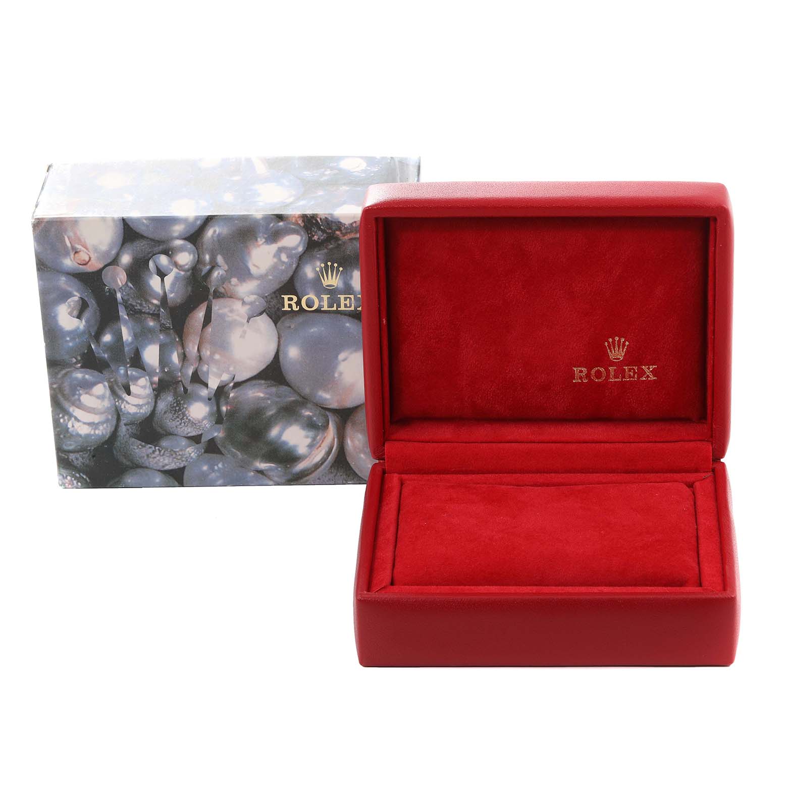 The image shows an open red Rolex Datejust 79173 Women's Steel and Gold (two tone) Blue Dial 79173 Women's Steel and Gold (two tone) Blue Dial watch box and its outer box with a pearlescent design.