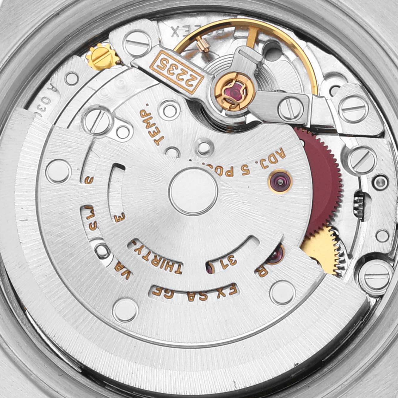 This image shows a close-up view of the movement mechanism inside a Rolex Datejust 79173 Women's Steel and Gold (two tone) Blue Dial 79173 Women's Steel and Gold (two tone) Blue Dial watch.