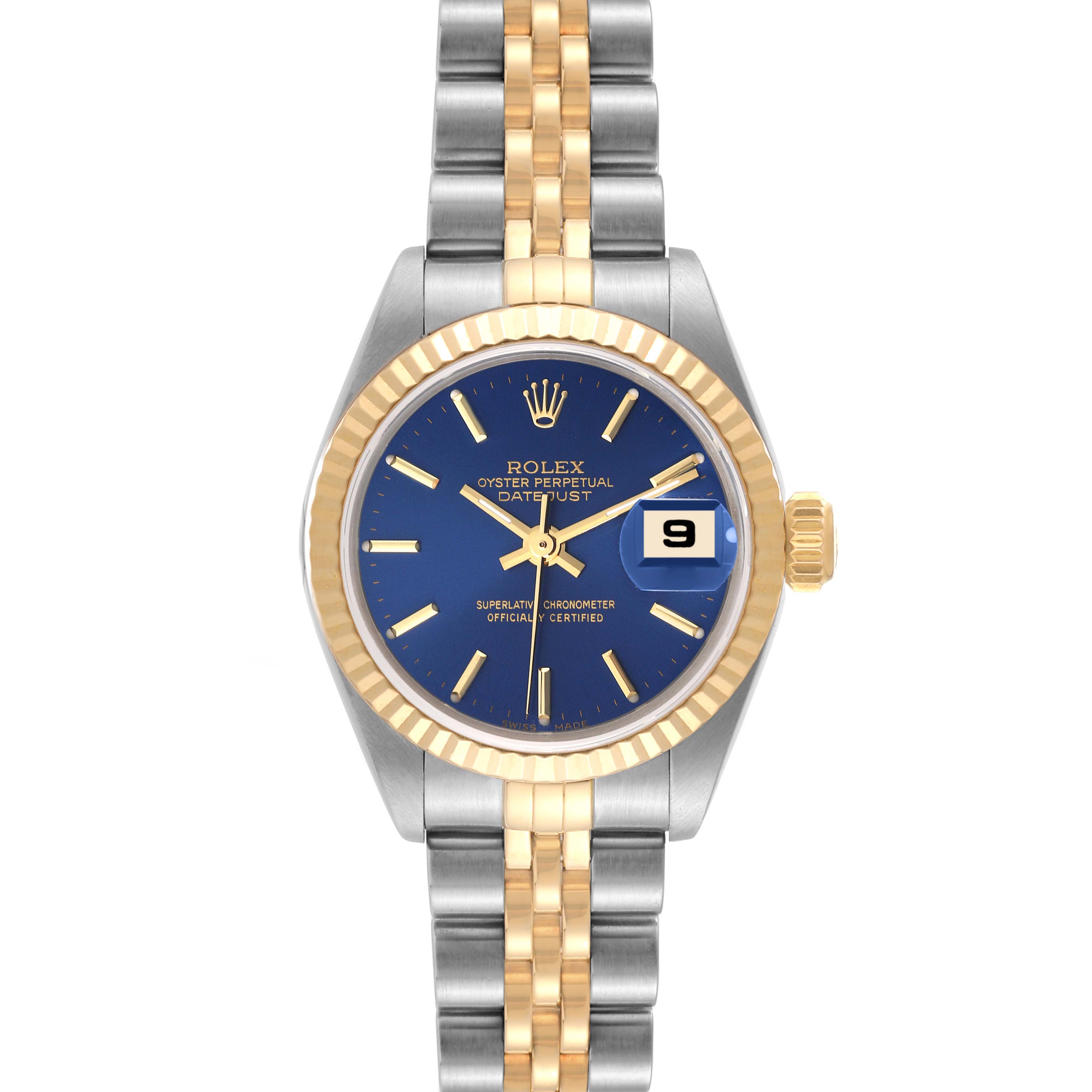 The image shows a front view of a Rolex Datejust 79173 Women's Steel and Gold (two tone) Blue Dial 79173 Women's Steel and Gold (two tone) Blue Dial watch with a blue dial, gold fluted bezel, and two-tone bracelet.