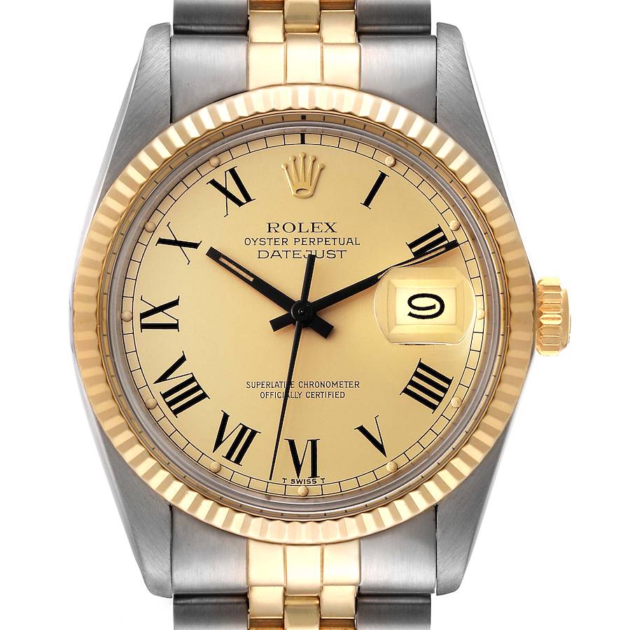 The Rolex Vintage Collection watch is shown from a front angle, featuring the face, bezel, crown, and part of the bracelet.