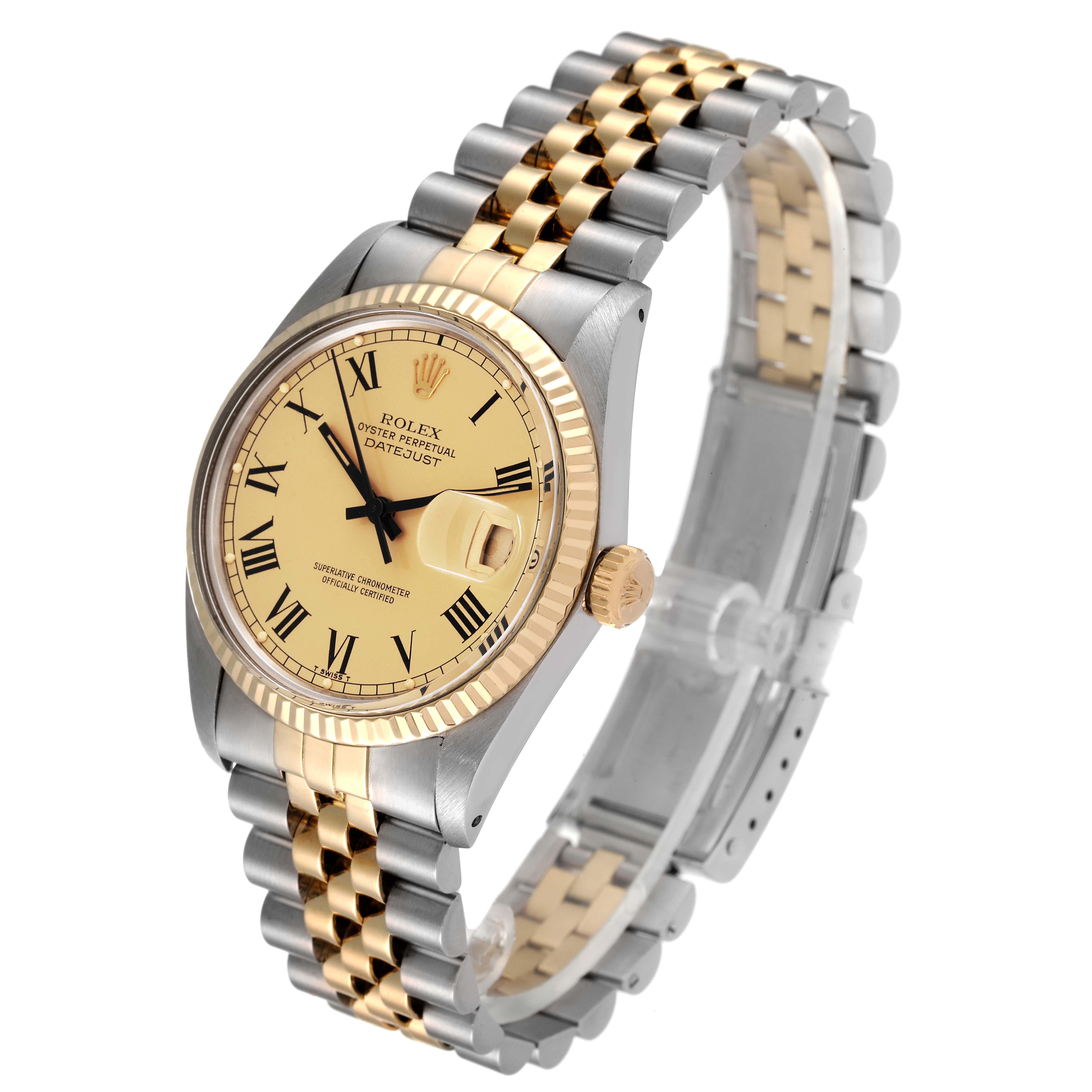 The Rolex Vintage Collection 16013 Men's Steel and Gold (two tone) Champagne Dial 16013 Men's Steel and Gold (two tone) Champagne Dial watch is shown in a tilted angle displaying its face, bezel, crown, and two-tone bracelet.