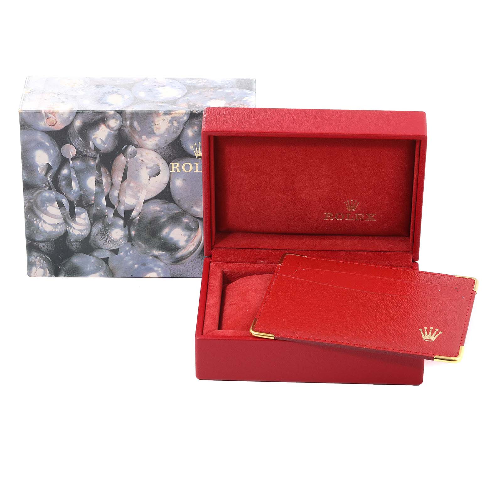 The image shows the box and accessories for a Rolex Datejust 79173 Women's Steel and Gold (two tone) Champagne Dial 79173 Women's Steel and Gold (two tone) Champagne Dial watch, including a red box and cardholder.