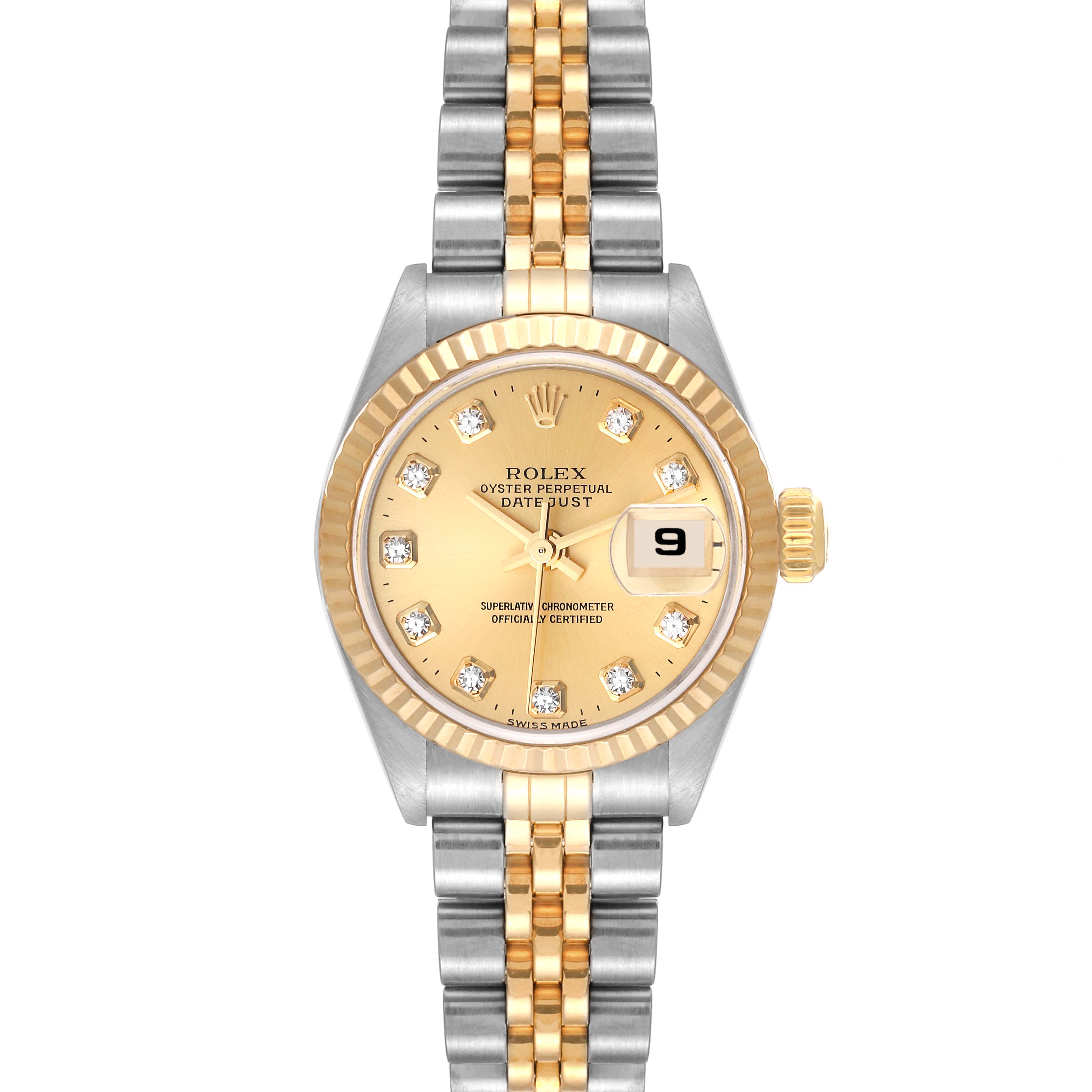 This is a front view of a Rolex Datejust 79173 Women's Steel and Gold (two tone) Champagne Dial 79173 Women's Steel and Gold (two tone) Champagne Dial watch, showing the dial, bezel, crown, and two-tone bracelet.