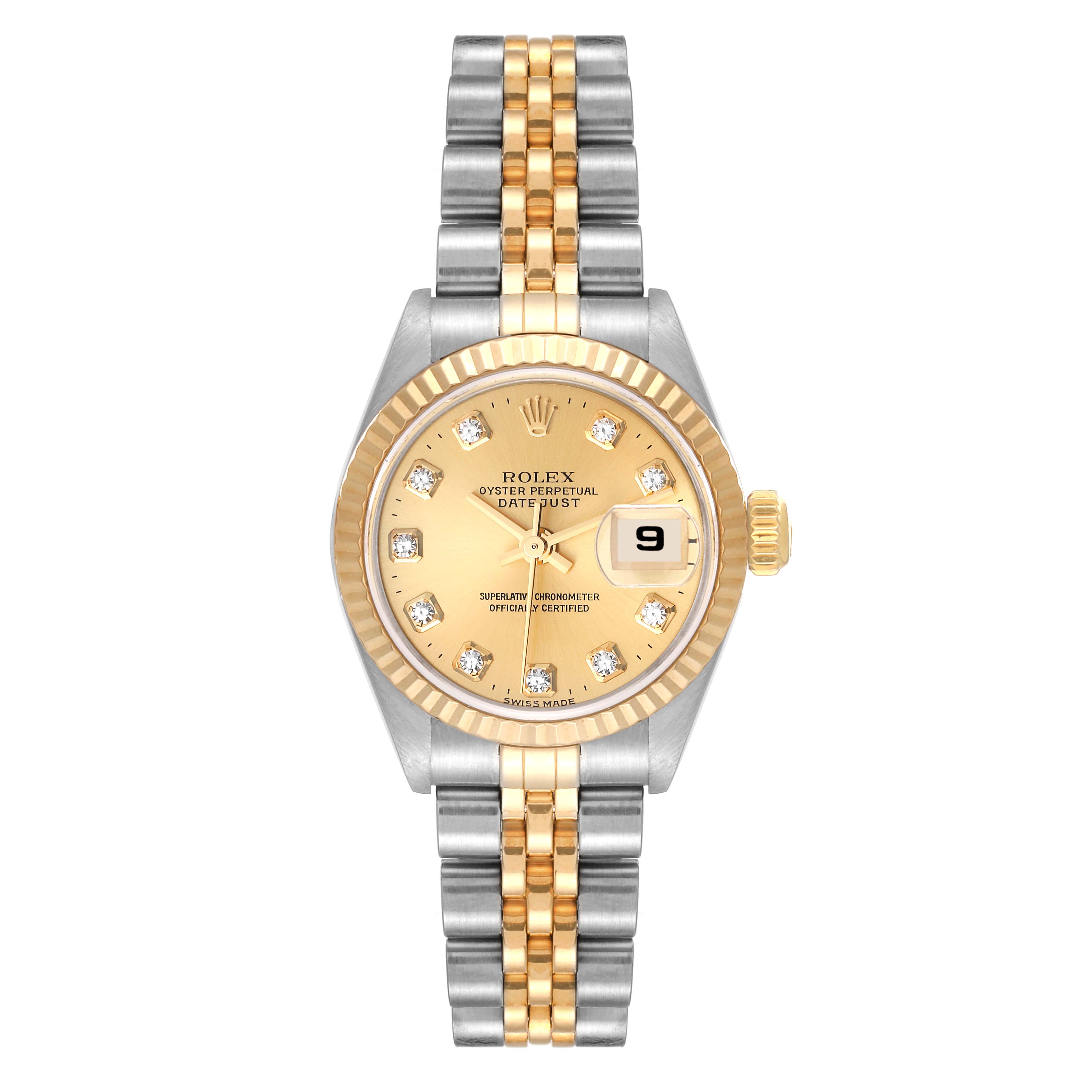 The Rolex Datejust 79173 Women's Steel and Gold (two tone) Champagne Dial 79173 Women's Steel and Gold (two tone) Champagne Dial watch is shown from a front angle, displaying the face, bezel, and two-tone metal bracelet.