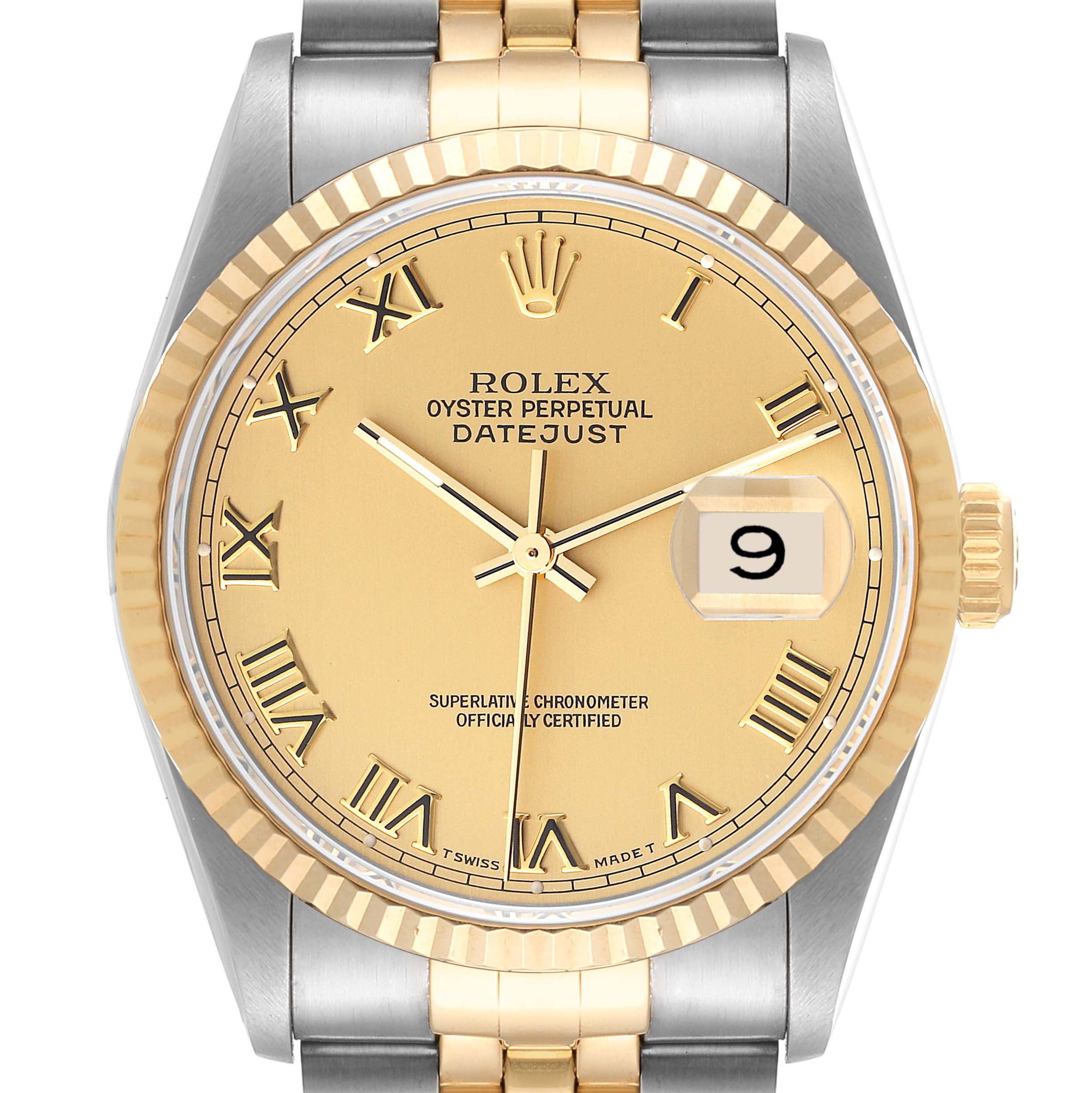 A frontal view of the Rolex Datejust 16233 Men's Steel and Gold (two tone) Champagne Dial 16233 Men's Steel and Gold (two tone) Champagne Dial watch showcasing its gold dial, Roman numerals, fluted bezel, and date display.