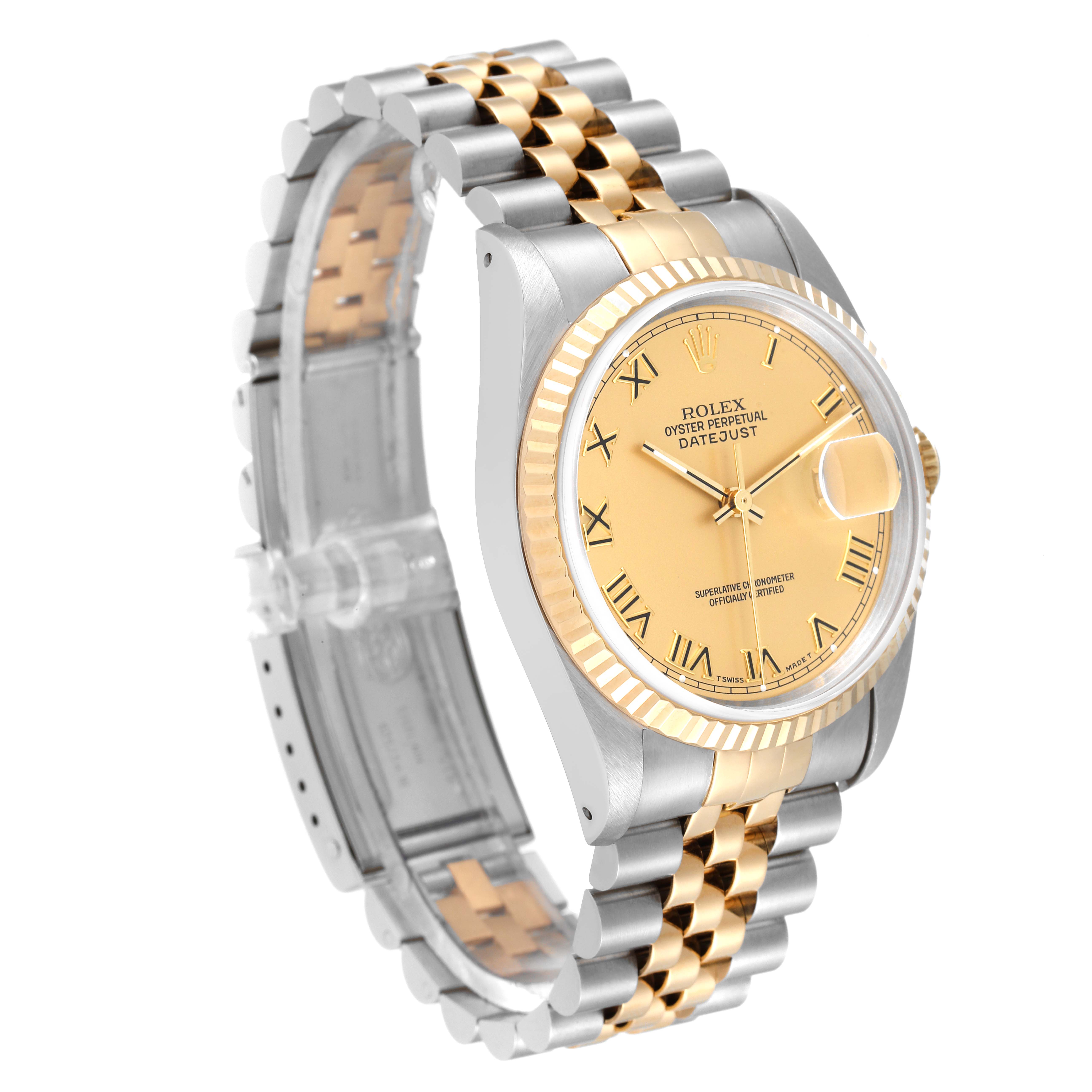 This image shows a Rolex Datejust 16233 Men's Steel and Gold (two tone) Champagne Dial 16233 Men's Steel and Gold (two tone) Champagne Dial watch with a yellow gold and stainless steel jubilee bracelet, displayed at an angle highlighting the face and strap.
