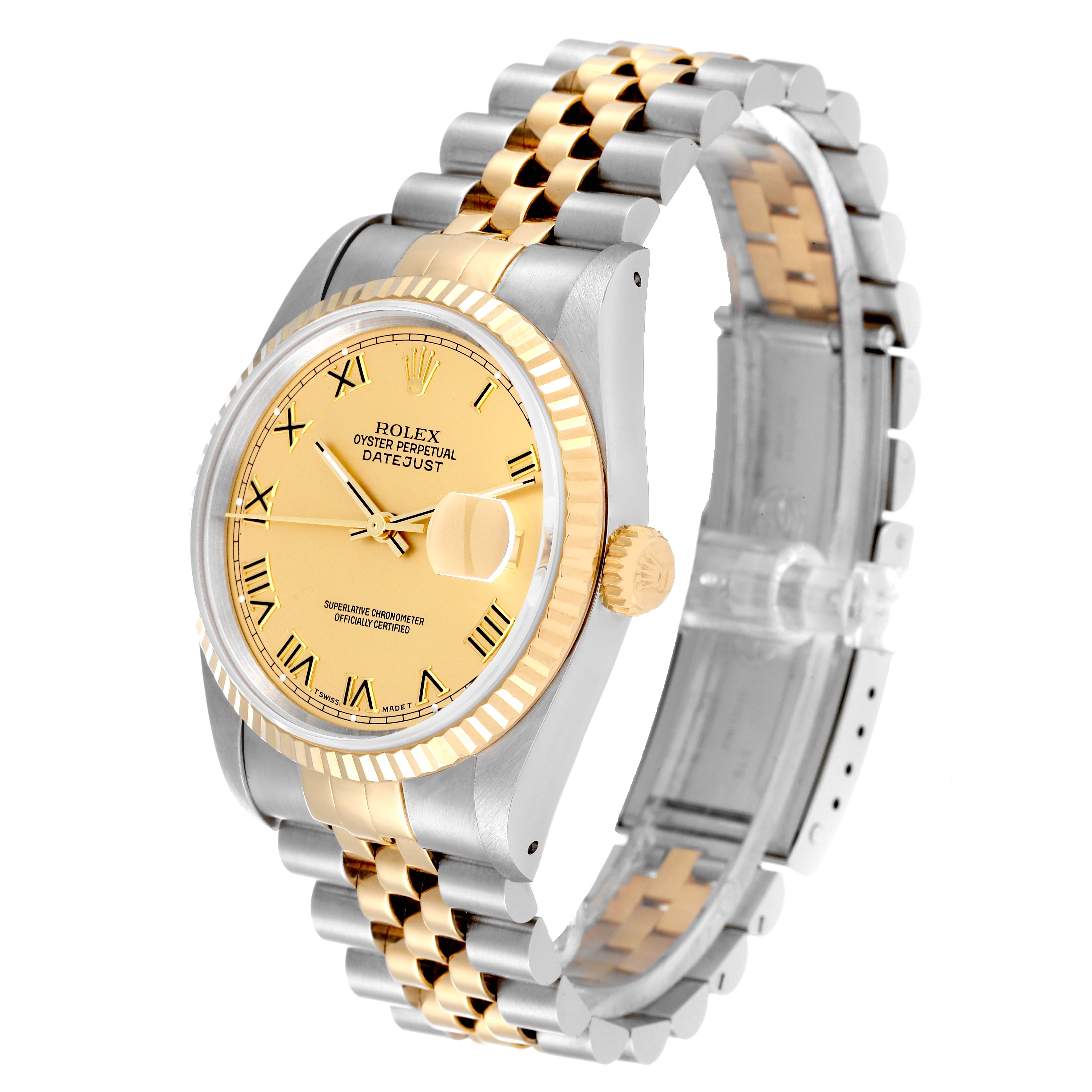 The image shows a left-side angled view of the Rolex Datejust 16233 Men's Steel and Gold (two tone) Champagne Dial 16233 Men's Steel and Gold (two tone) Champagne Dial watch, focusing on its face, bezel, crown, and two-tone bracelet.
