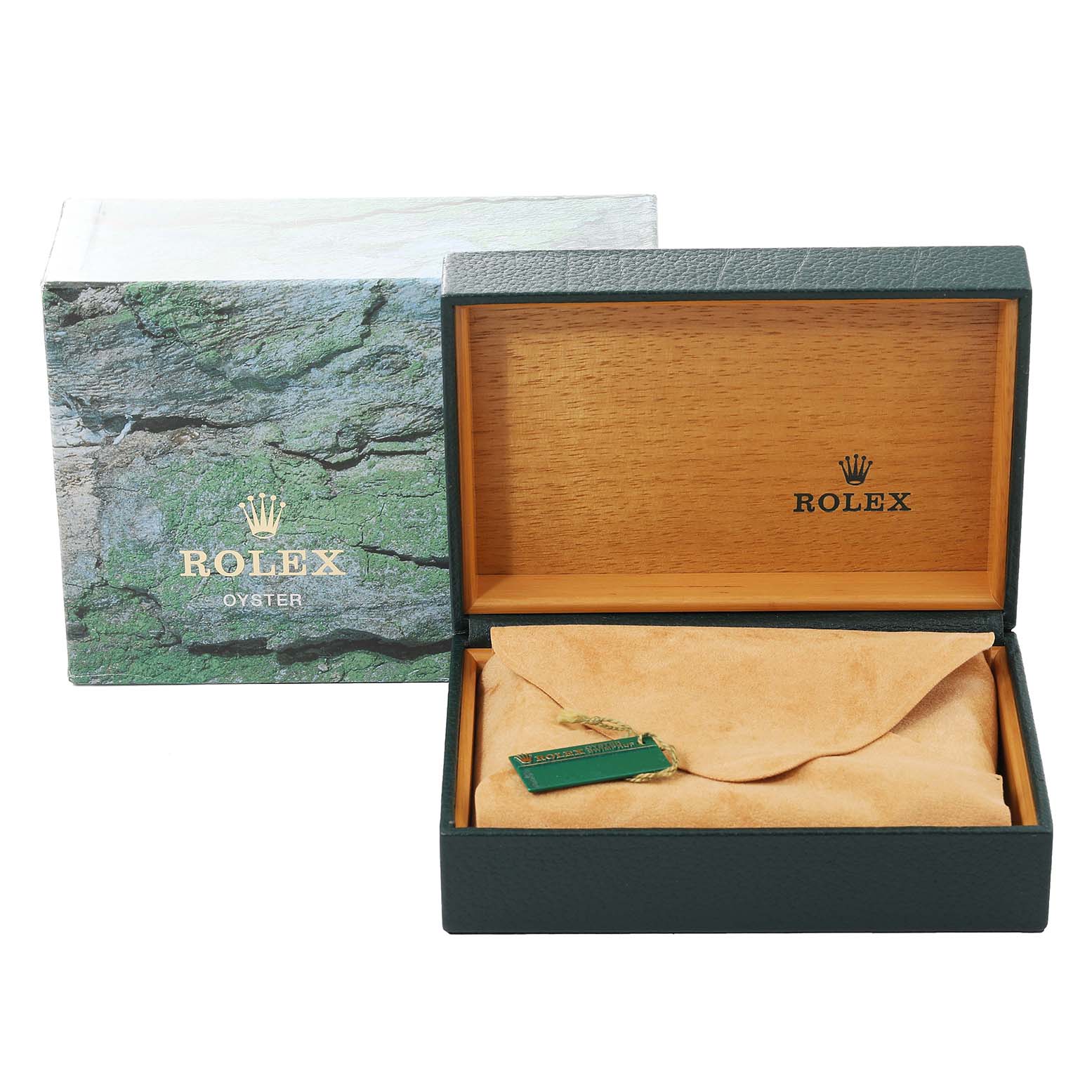The image shows the open box and packaging of a Rolex Datejust 16233 Men's Steel and Gold (two tone) Champagne Dial 16233 Men's Steel and Gold (two tone) Champagne Dial watch, with a partially visible suede pouch inside.